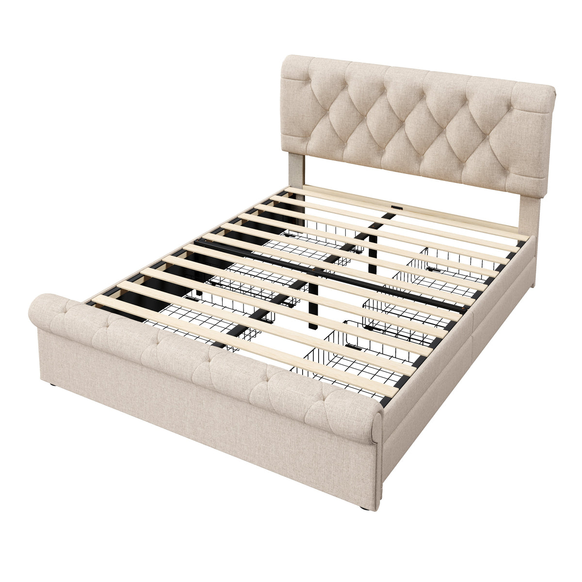 Double Upholstered Bed 140x200cm, 4 Drawers Adjustable Headboard, Natural Finish
