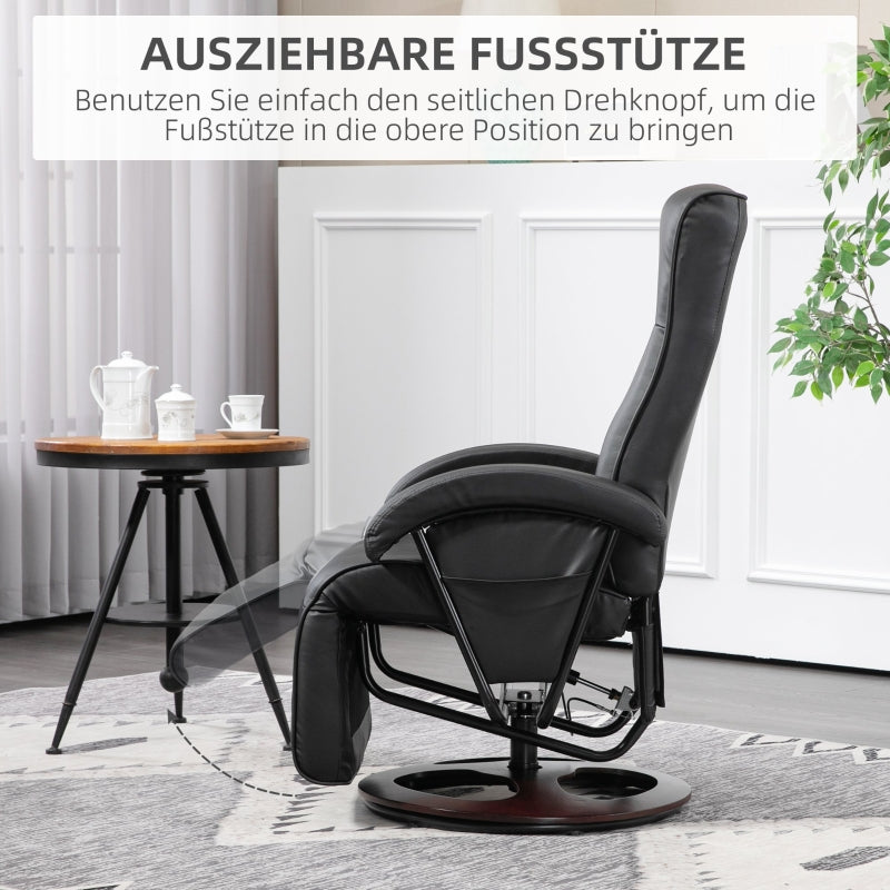 Swivel Chair, Upholstered Tilting Footrest Wooden Base, Faux Leather Black
