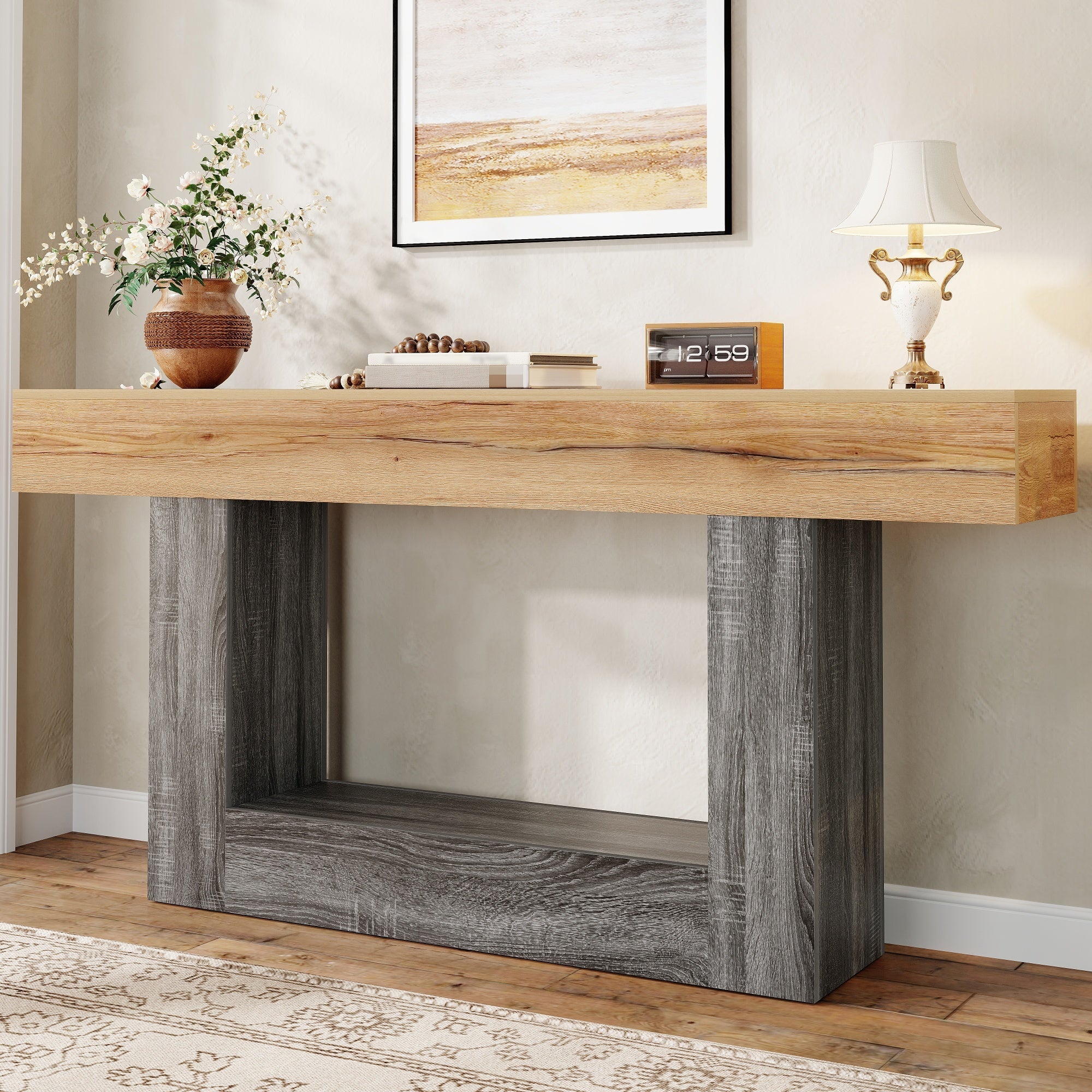 Two-Tone Console Table with Storage Shelf and Thick Tabletop, Wood Look Chipboard