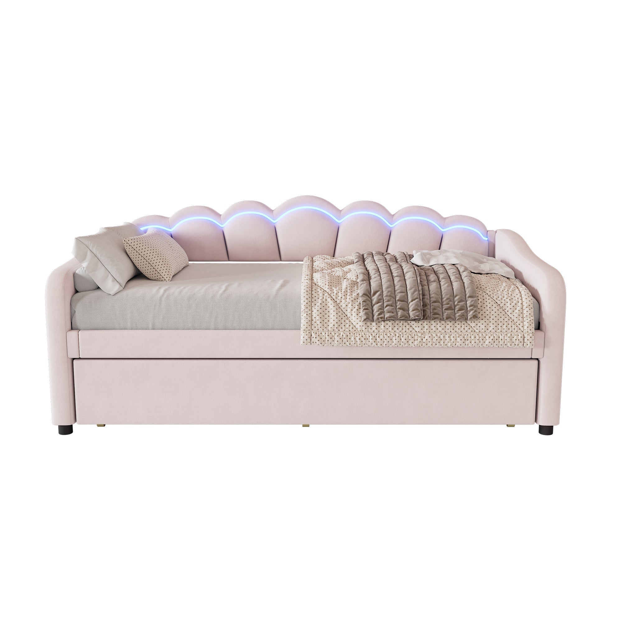 Daybed Sofa Bed 90x200cm Pull-out Bed Ambient Light Remote Control - Velvet Pink