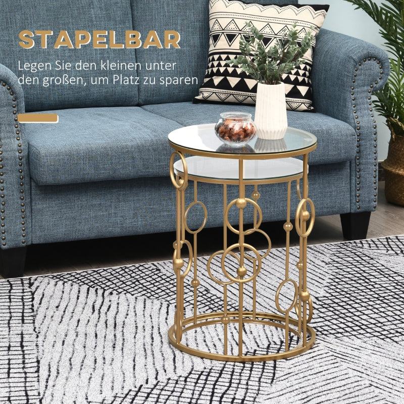 Set of 2 Coffee Tables, Glass Tops, Hoop and Ball Design, Gold