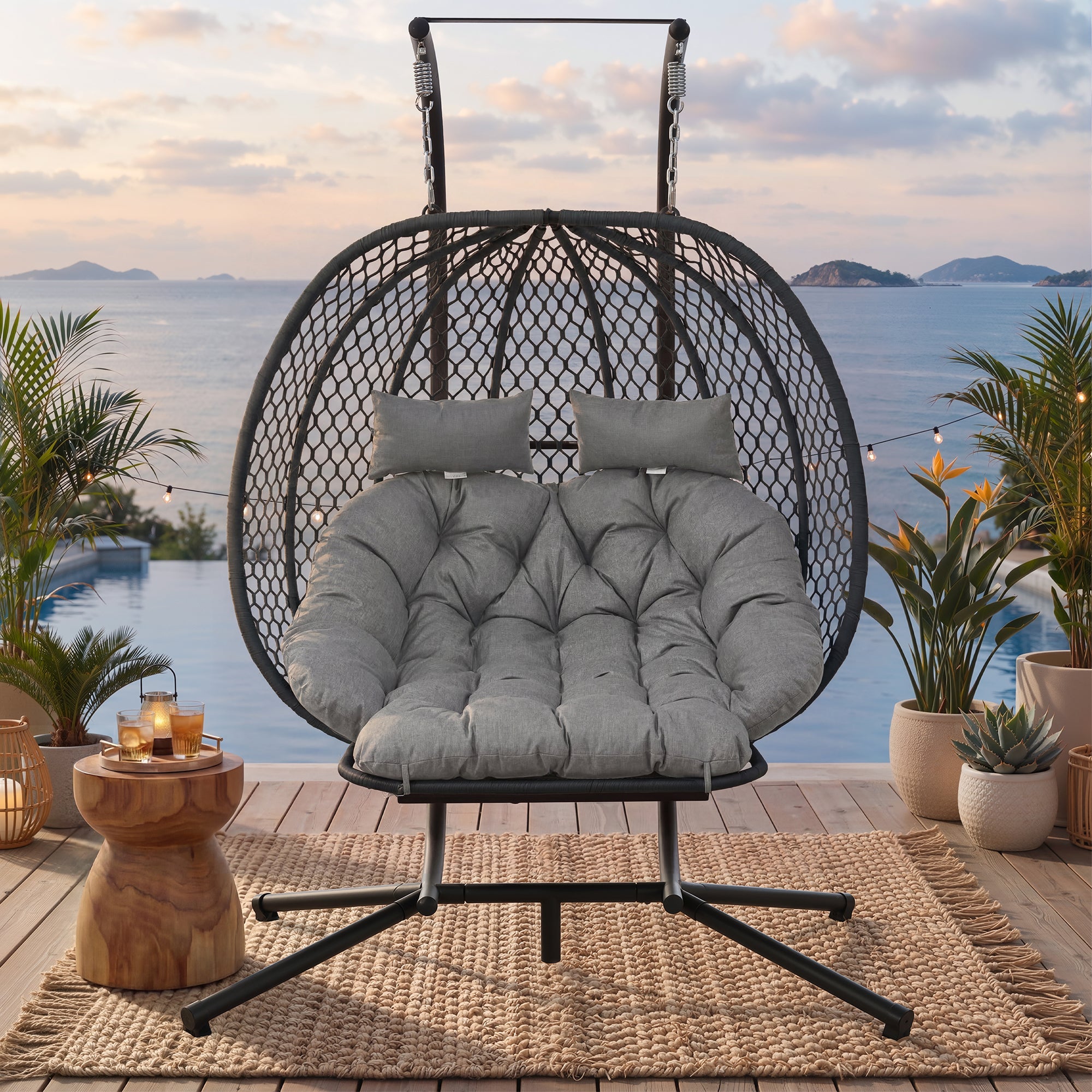 Double Egg-Shaped Hanging Chair with Stand, Seat Cushion, Pillow and Footrest, Grey Metal