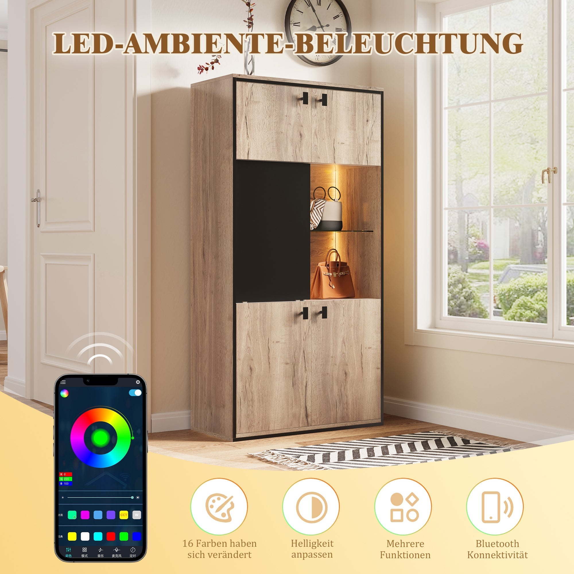 Modern Wardrobe Combination with LED Lighting and Sliding Doors, Wood Look and Black