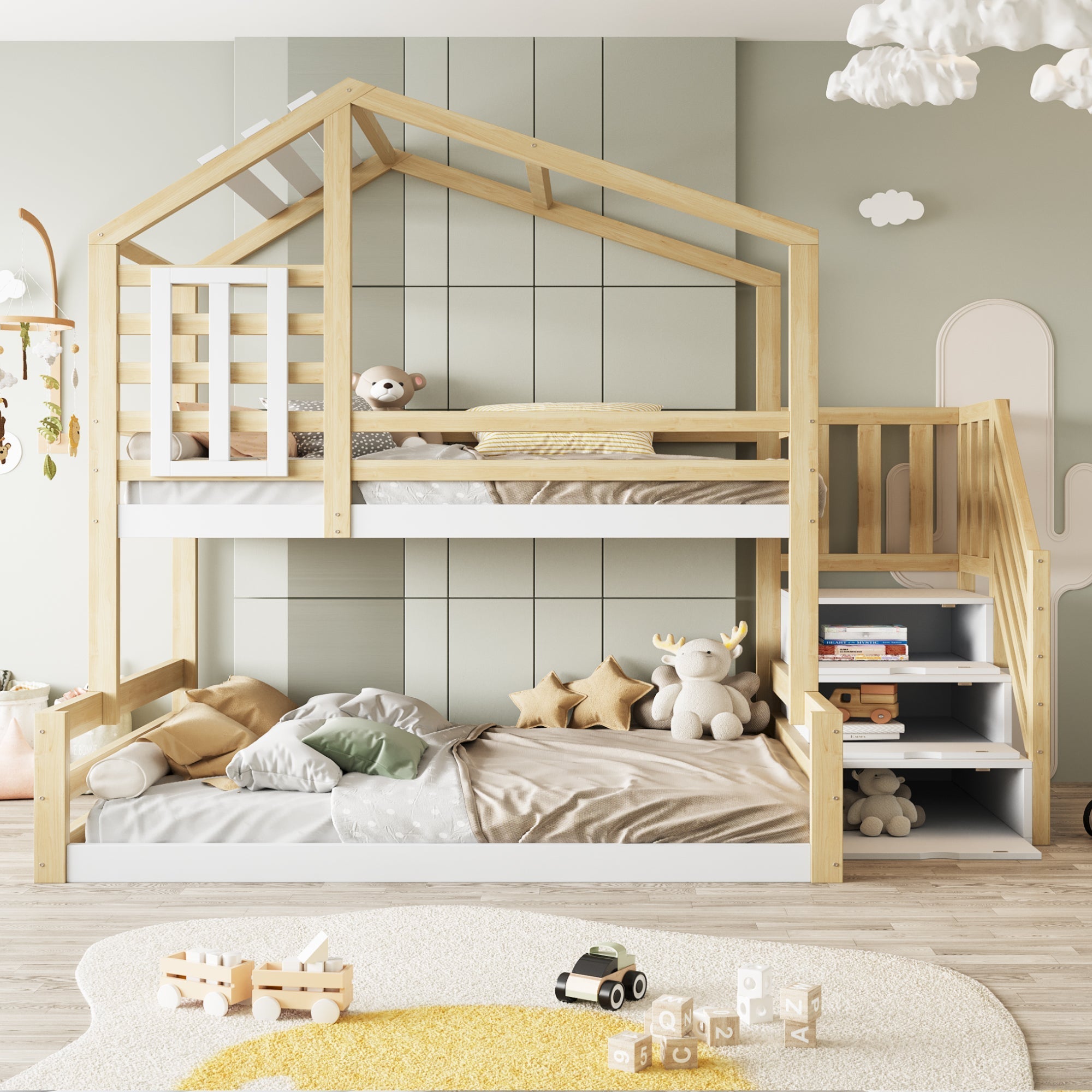 Bunk Bed 90x200cm with Window Railing Storage Steps Natural Pine Wood