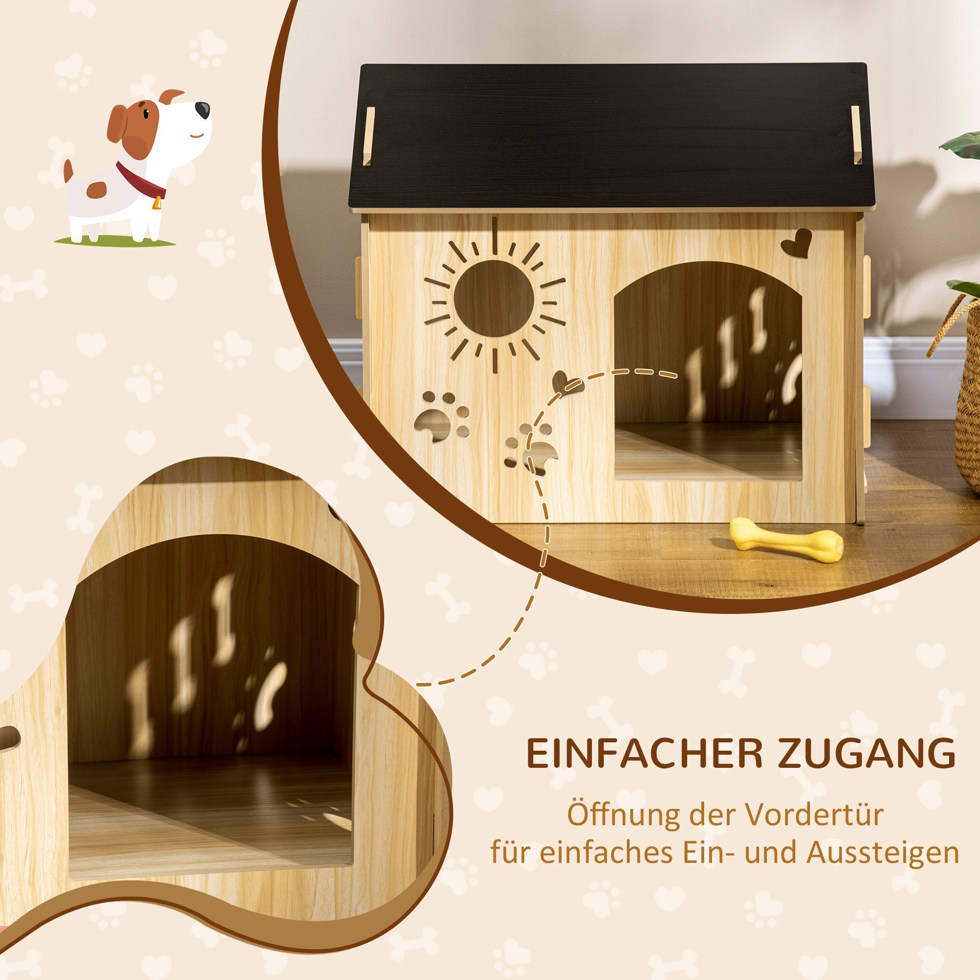 Hundehütte, Indoor mit Dach und Belüftung, MDF Eiche Schwarz