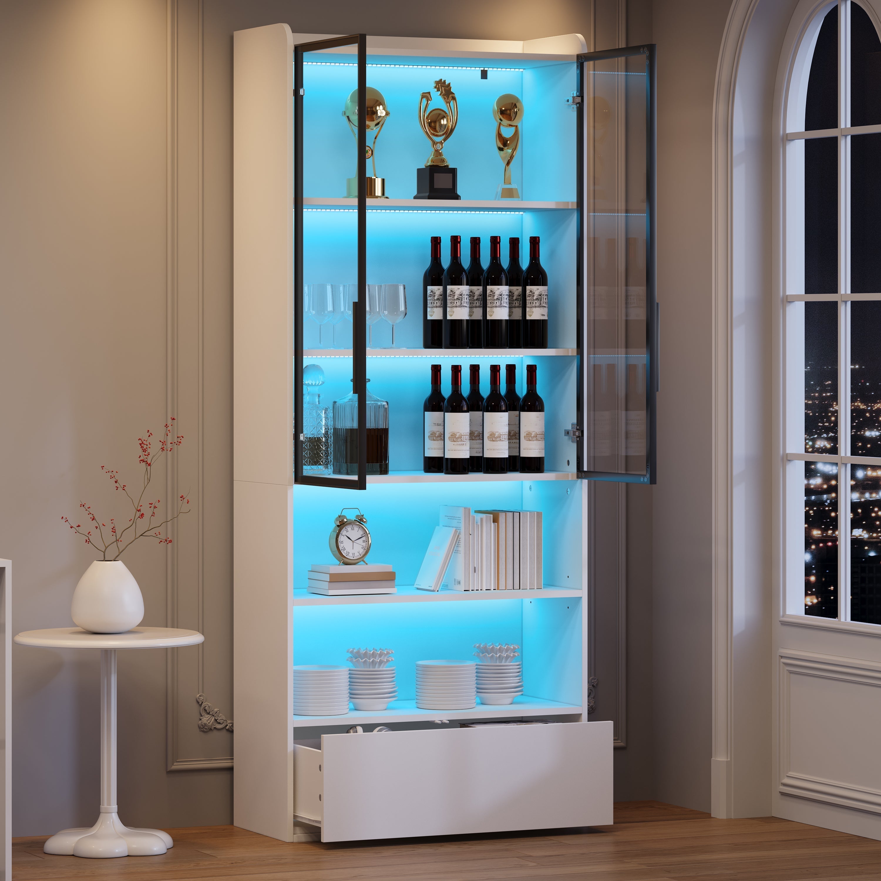 Display Cabinet 80x34x180cm Tall with 1 Drawer Glass Doors LED Lighting White