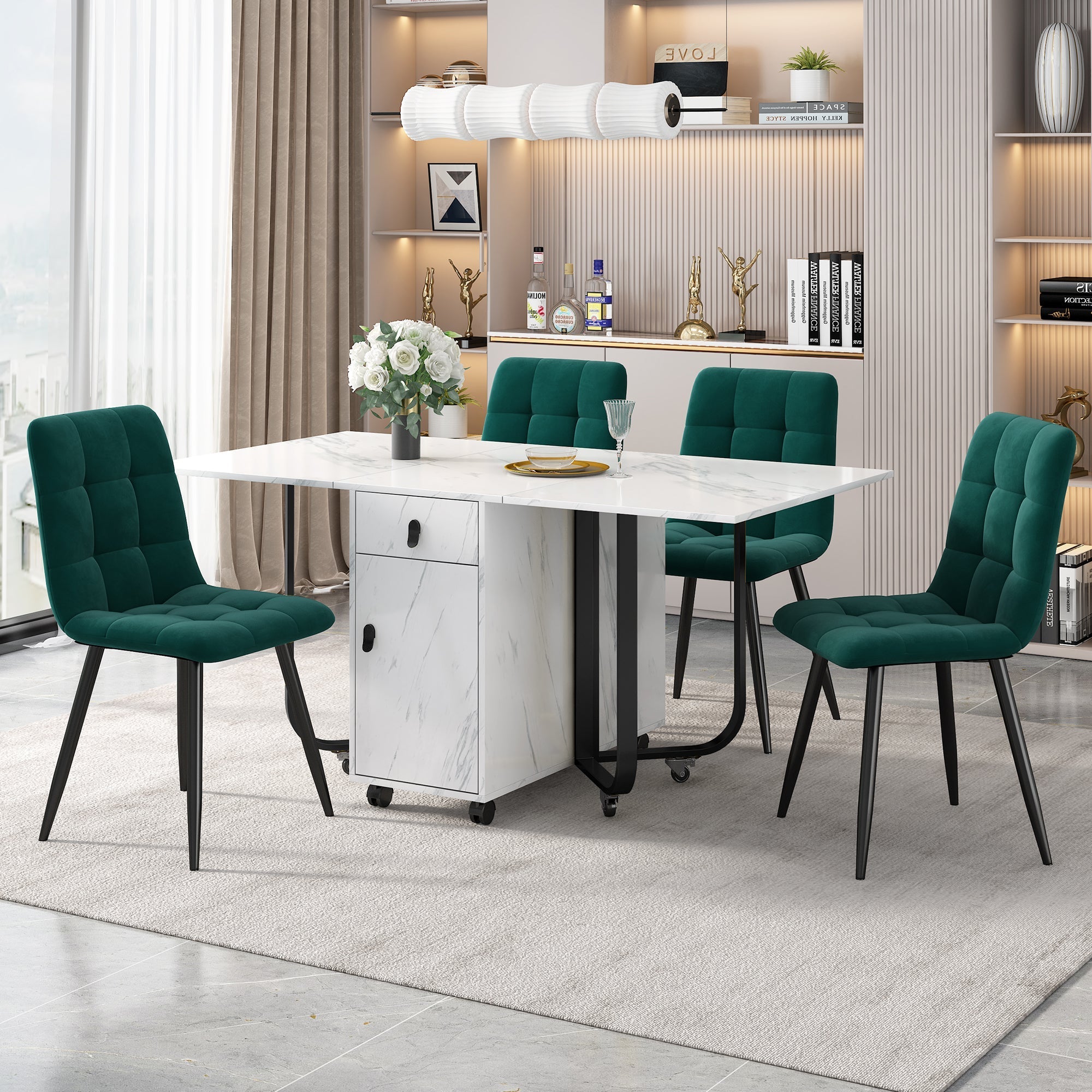 Dining Set 5-Piece Folding Kitchen Table Velvet Chairs White MDF Black