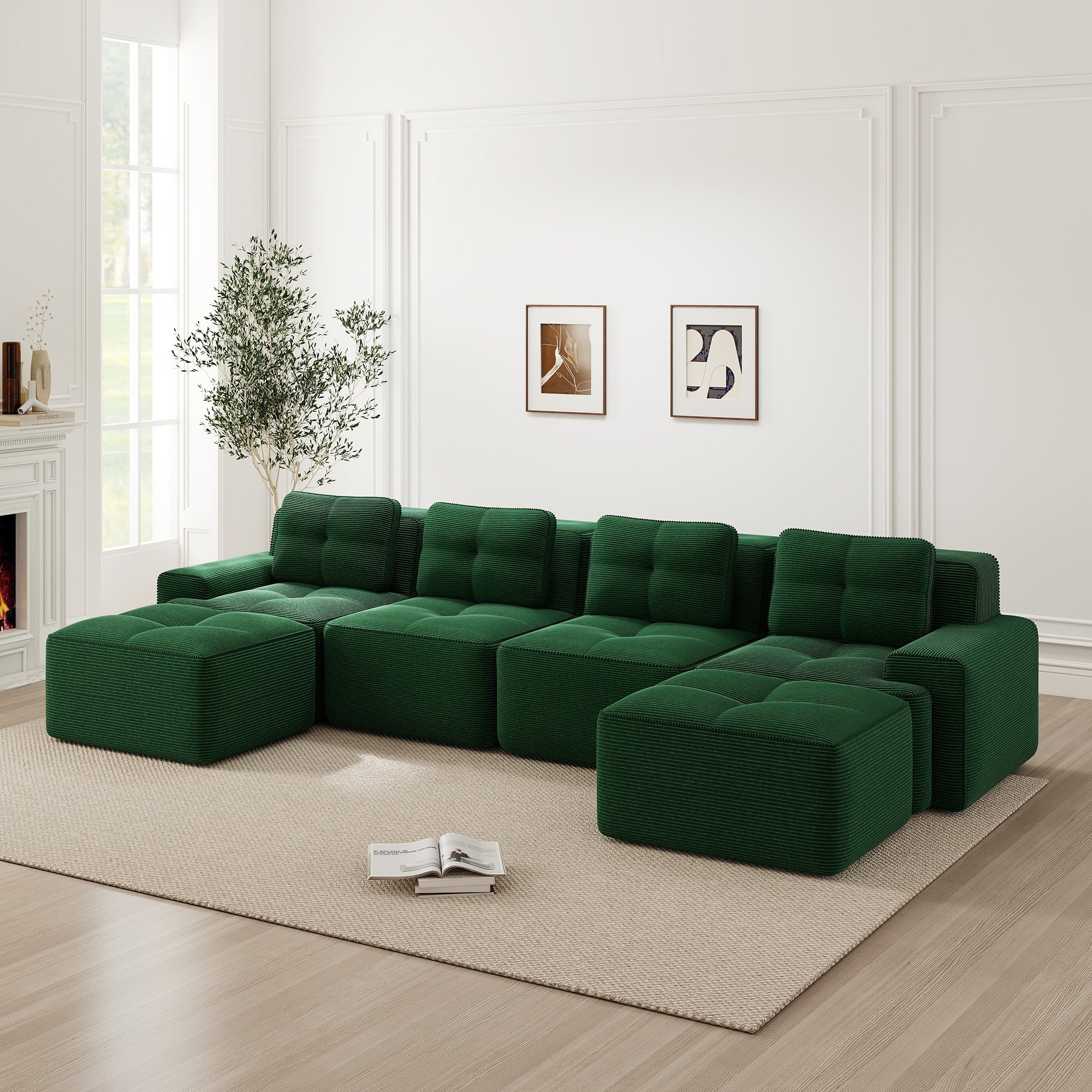 Modular Boneless Sofa U-Shaped Chaise 4-Seater - Corduroy Green