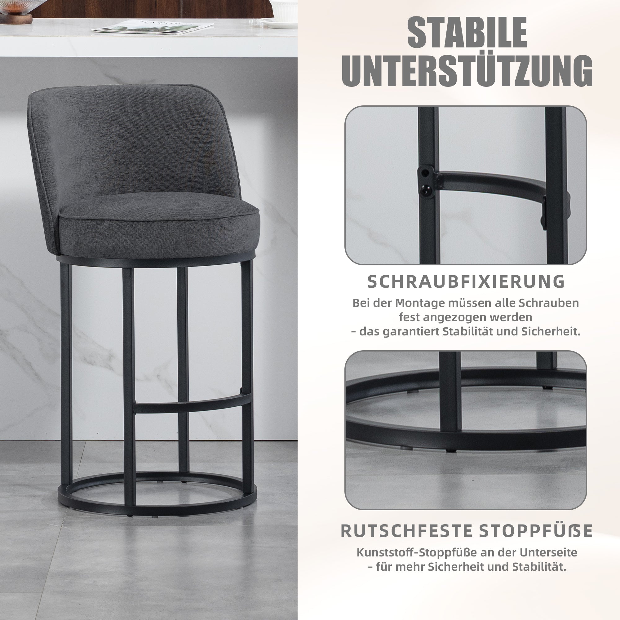 Modern Bar Stools Duo Set with Upholstered Seat and Metal Legs, Linen Upholstery