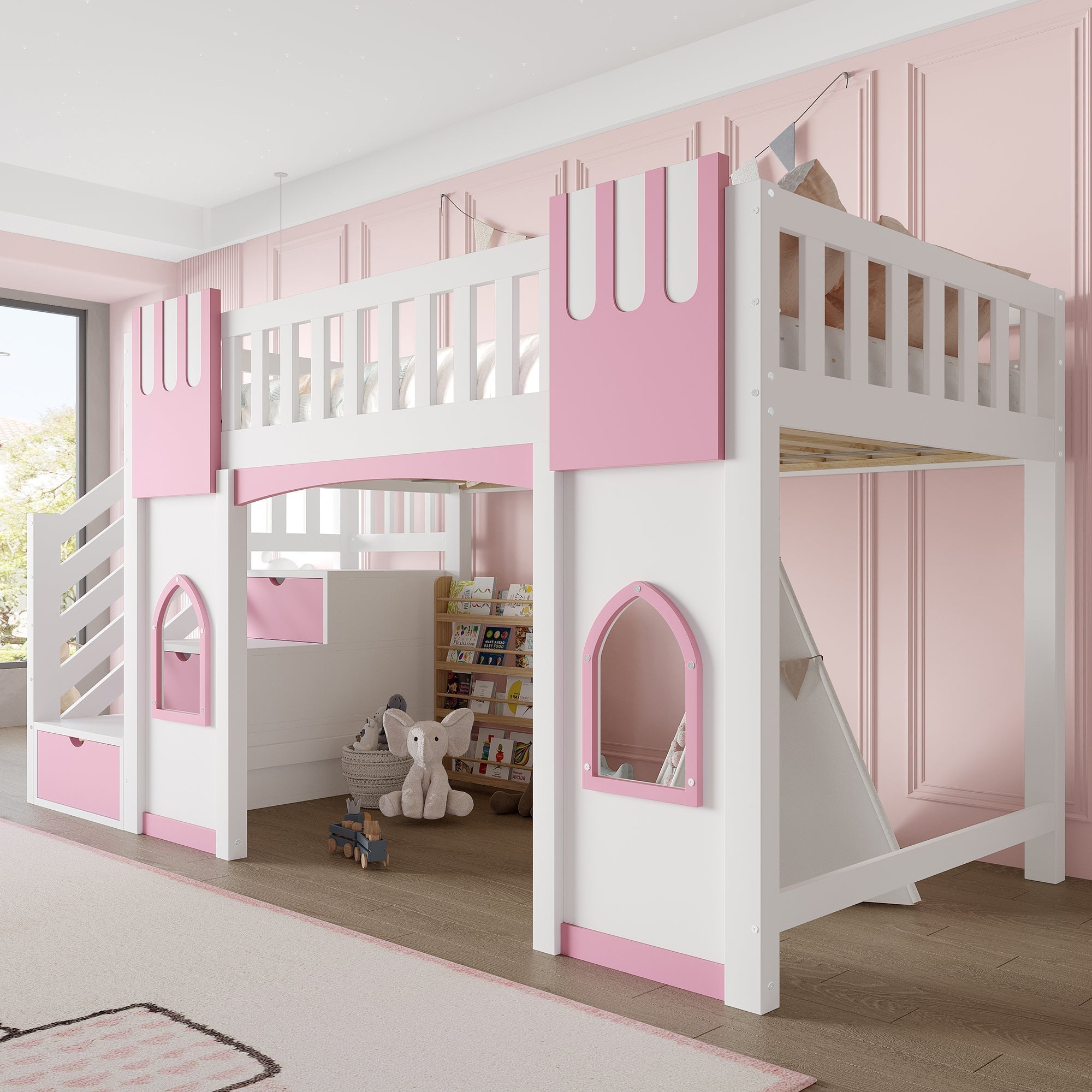 Loft Bed with Storage Stairs and Window, 90x200cm, White and Pink Pine Wood + MDF