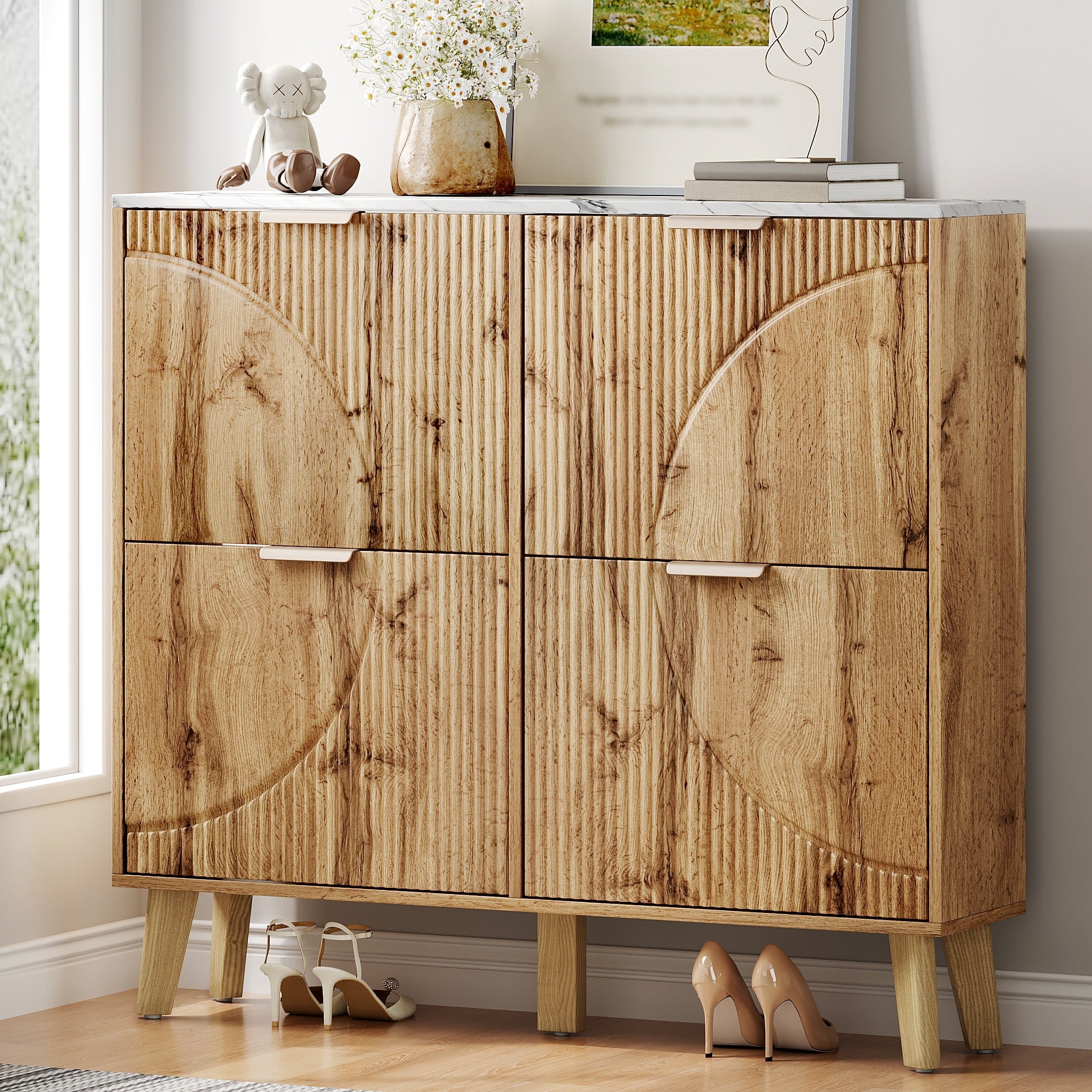 Shoe Cabinet with 4 Doors and Marble Look Worktop, Wood Look and Solid Wood Legs