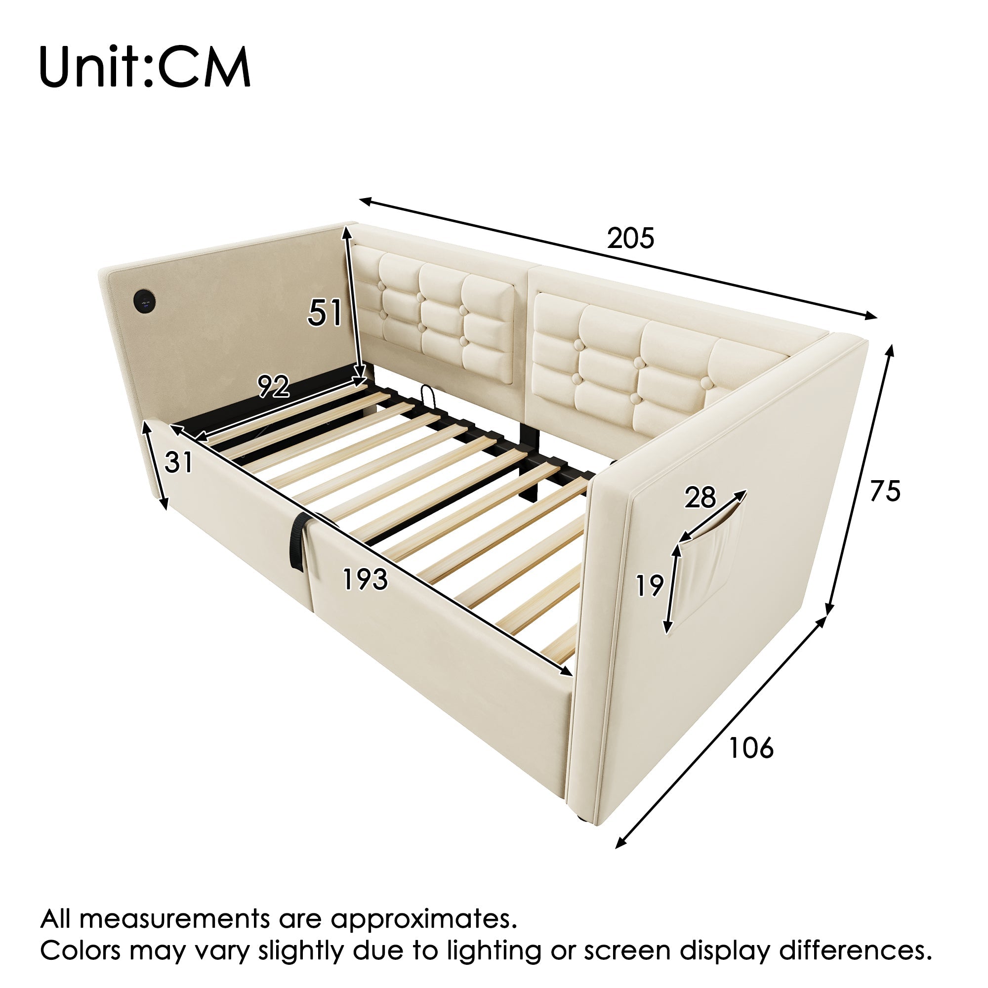 Daybed Upholstered Bed 3FT Single, USB Charging, Hydraulic Storage, Velvet Beige (No Mattress)