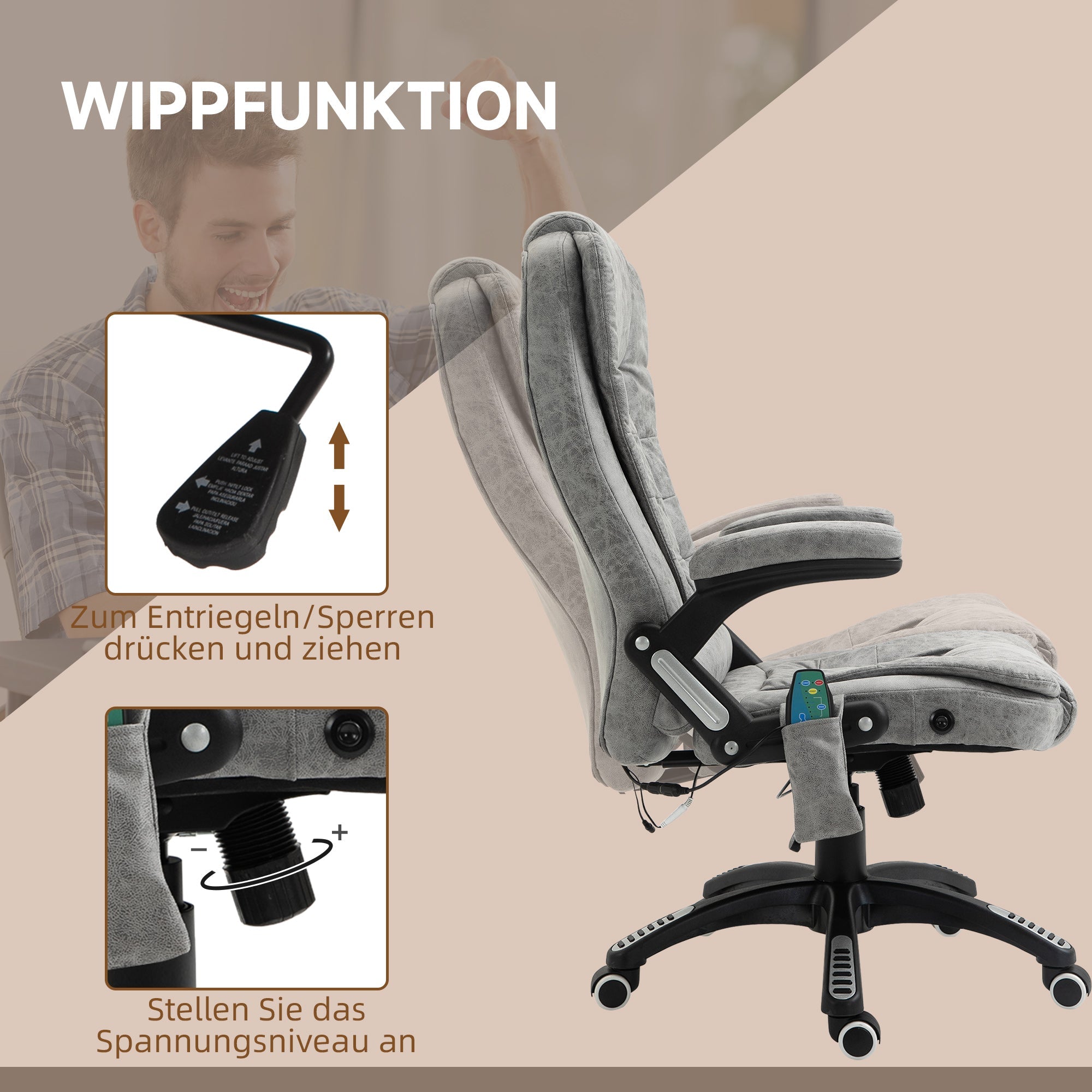 Office Chair Ergonomic Massage Heat Function Adjustable Smooth Movement, Grey