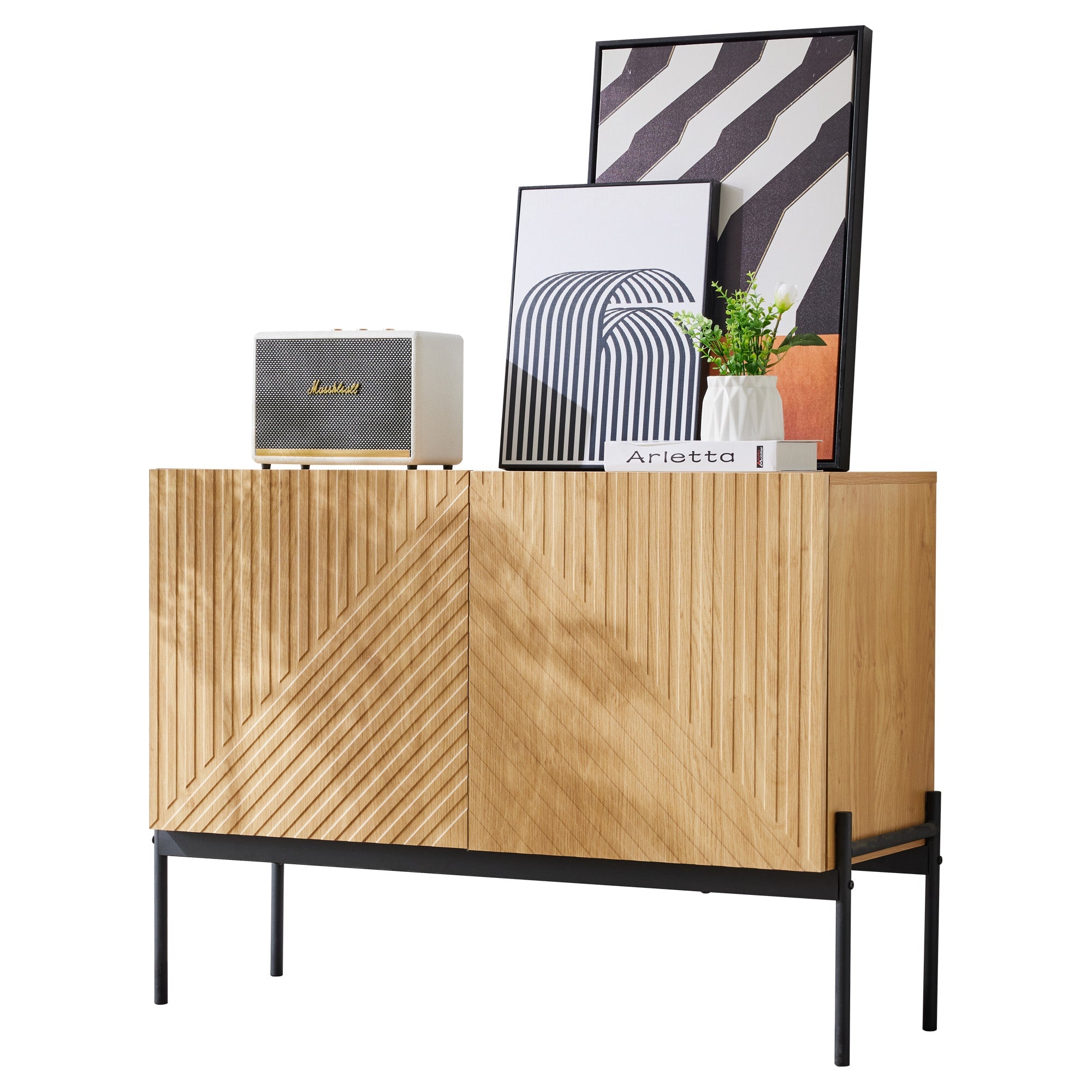 Sideboard with 2 doors and metal legs, linear design, 75x100x40 cm, aluminum