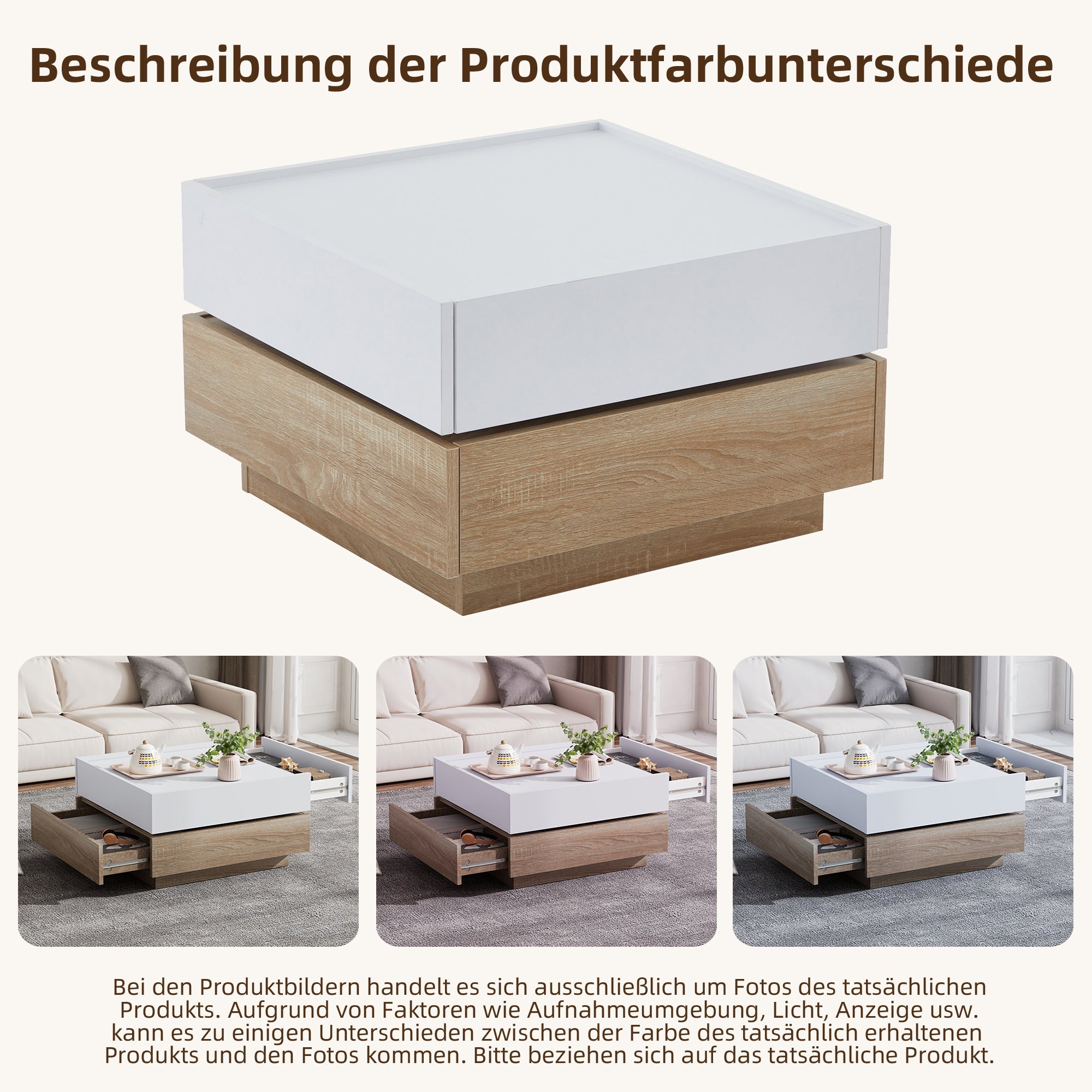 Functional coffee table, 360° rotatable with 2 levels storage, walnut frame white