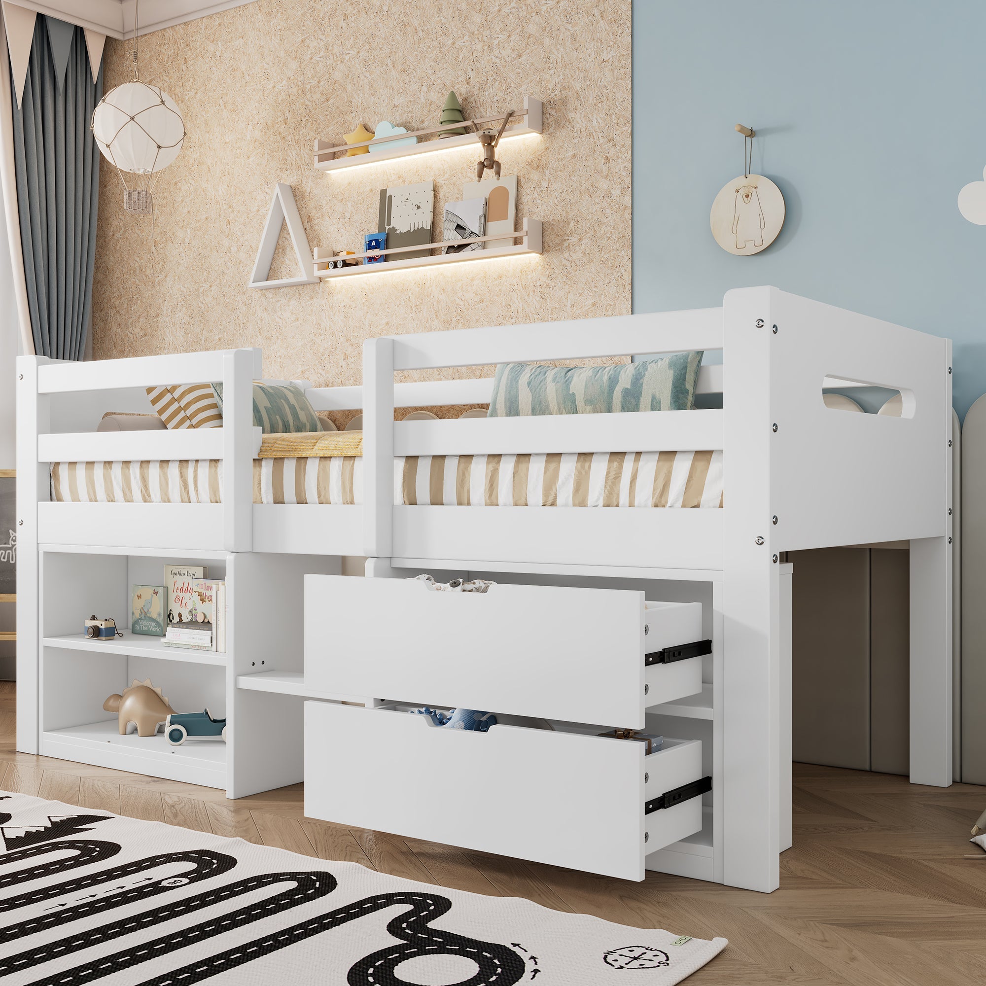 Wooden Storage Bed, 3ft Single with Drawers and Safety Guardrail, White