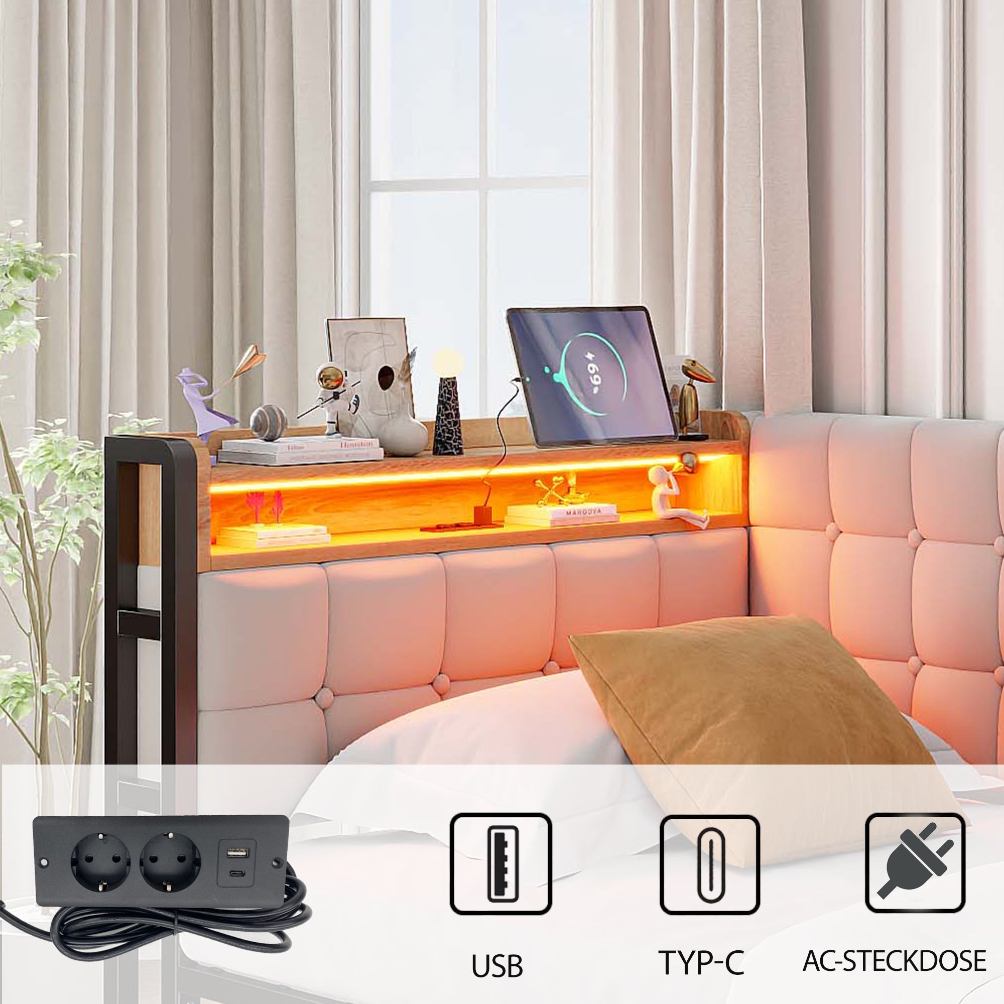 Upholstered Sofa Bed 90x200, 2 Drawers, LED Lamp, USB/Type-C Port, Beige