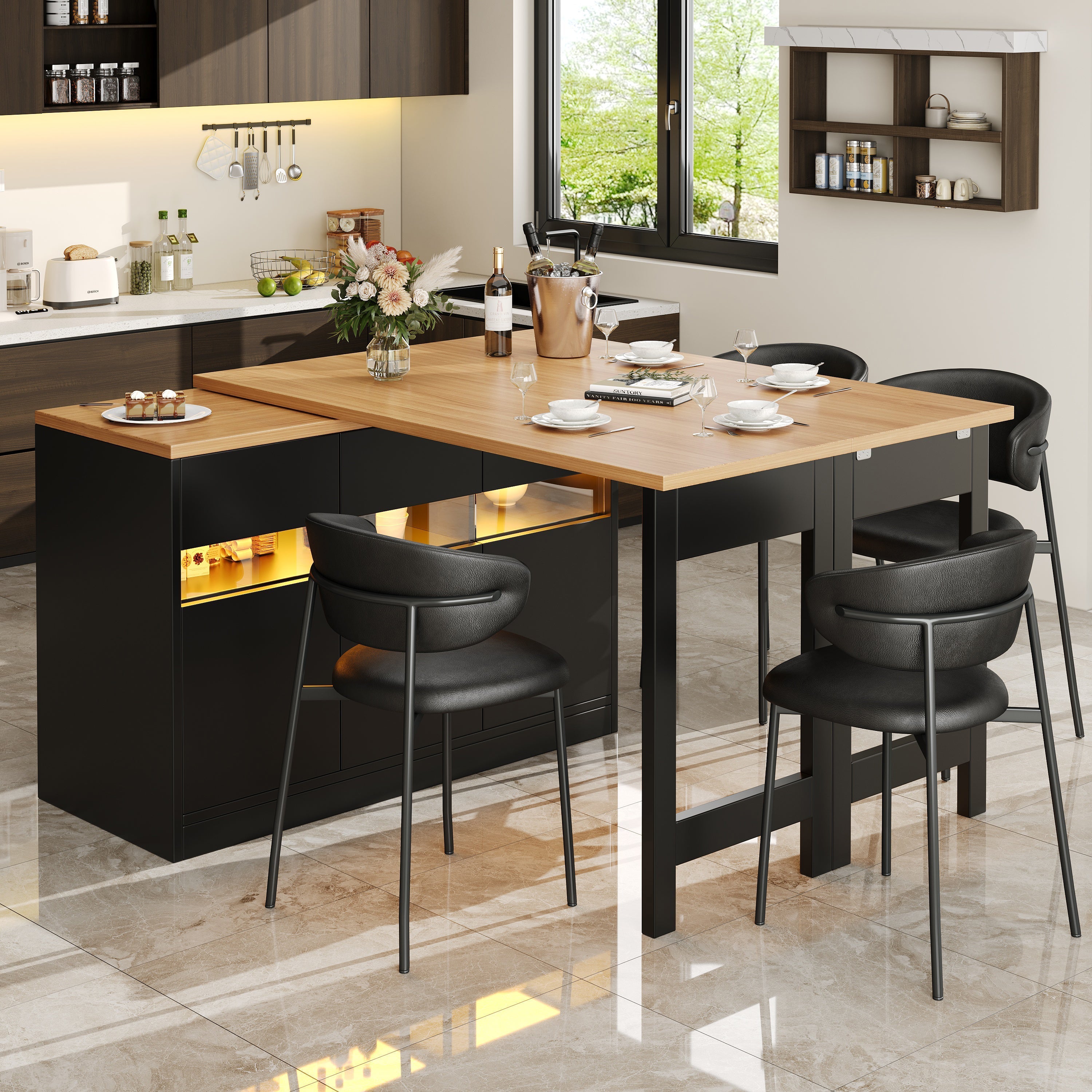 Extendable Bar Table with LED Lighting and 360° Swivel, 120-180cm Kitchen Island with Storage, MDF