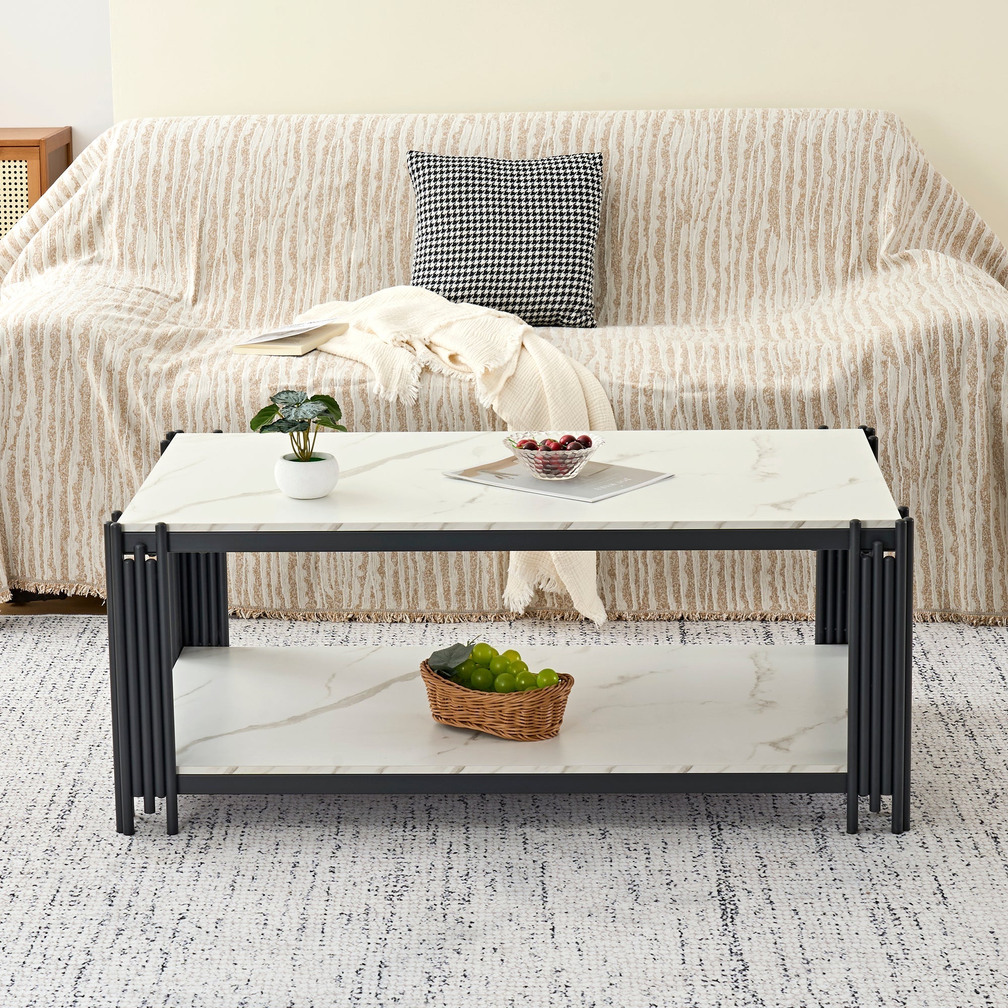 Rectangular Coffee Table Modern Marble-Effect Top Metal Legs White and Black