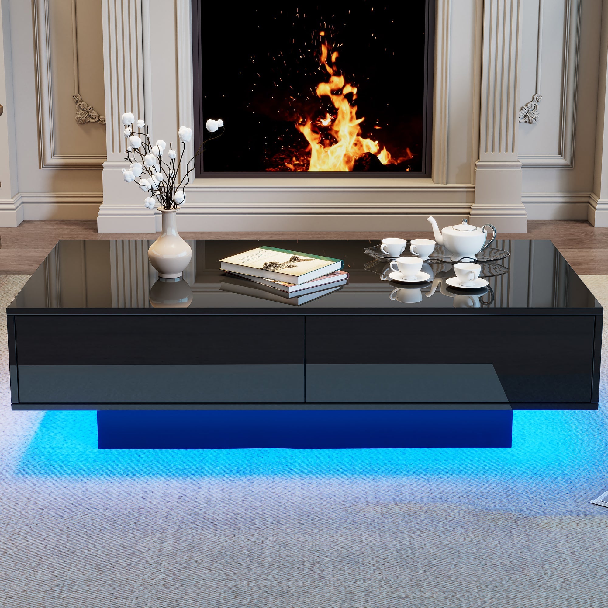 Modern Coffee Table, 115x55x34cm with 2 Drawers, LED Lighting, Black High-Gloss