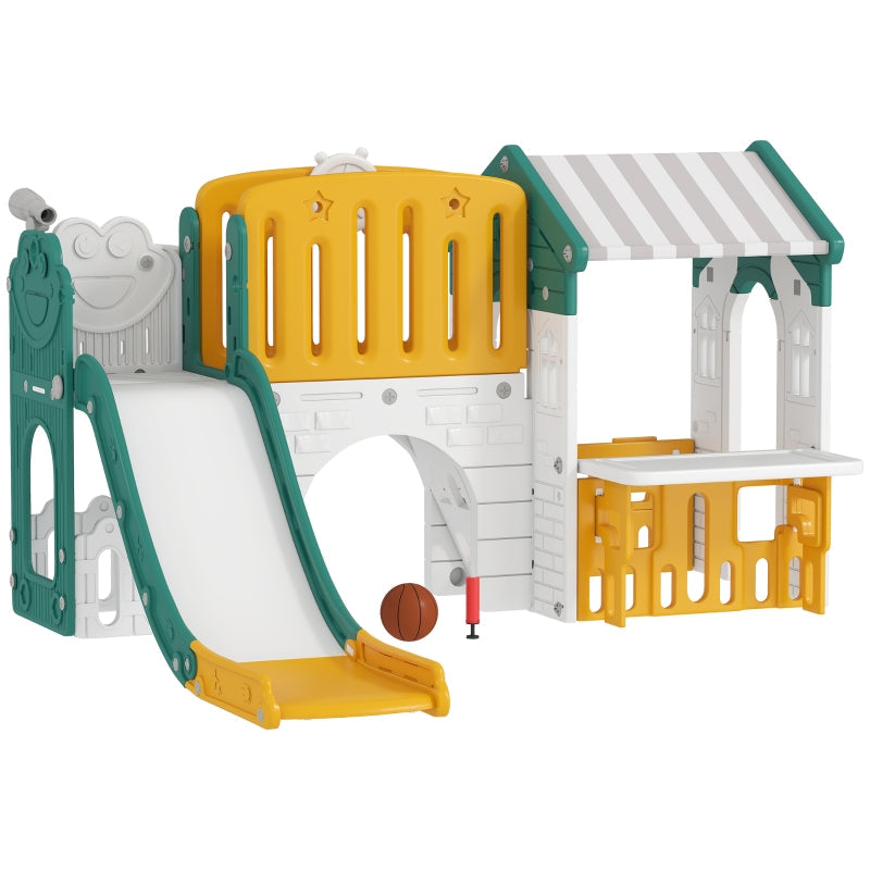 7-in-1 Children's Slide Indoor Playground with Climbing Frame and Playhouse, Yellow and Green Plastic