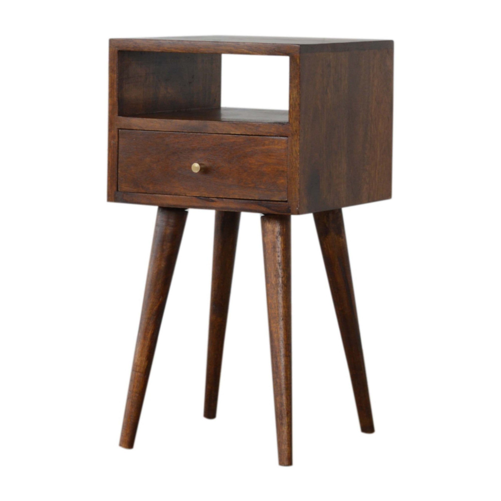 Solid Wood Mini Bedside, 1 Drawer Open Shelf, Dark Brown