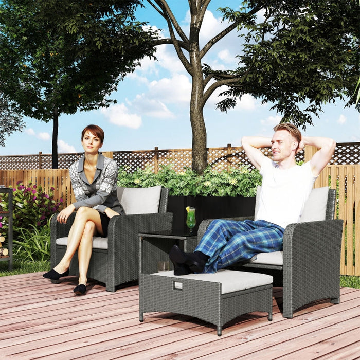 Five Piece Rattan Garden Furniture Set with 2-Tier Coffee Table and Ottomans Cream White
