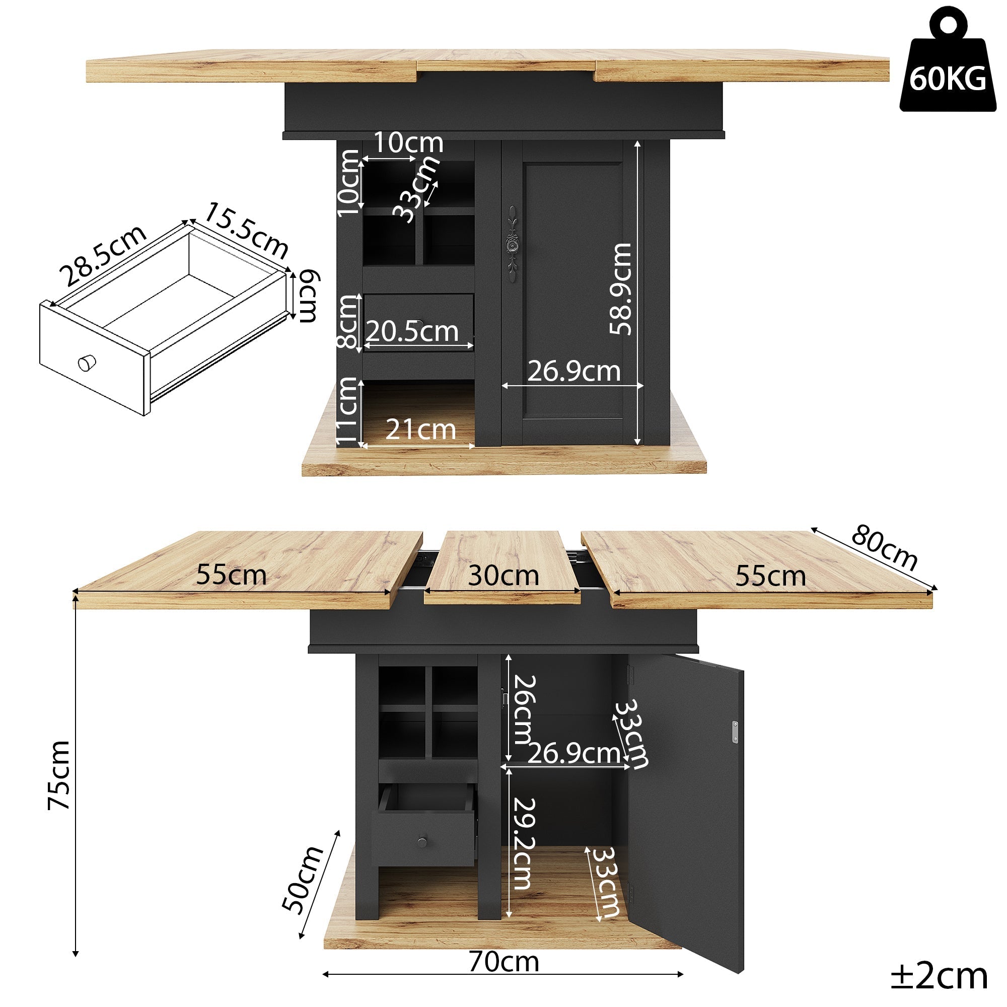 Telescopic Dining Table, Extendable 4-6 Person Space-Saving with Wine Rack, MDF/Metal