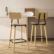 Barhocker, 2 Thekenhocker mit Rückenlehne und Fußstütze, Stahlbeine, Natur