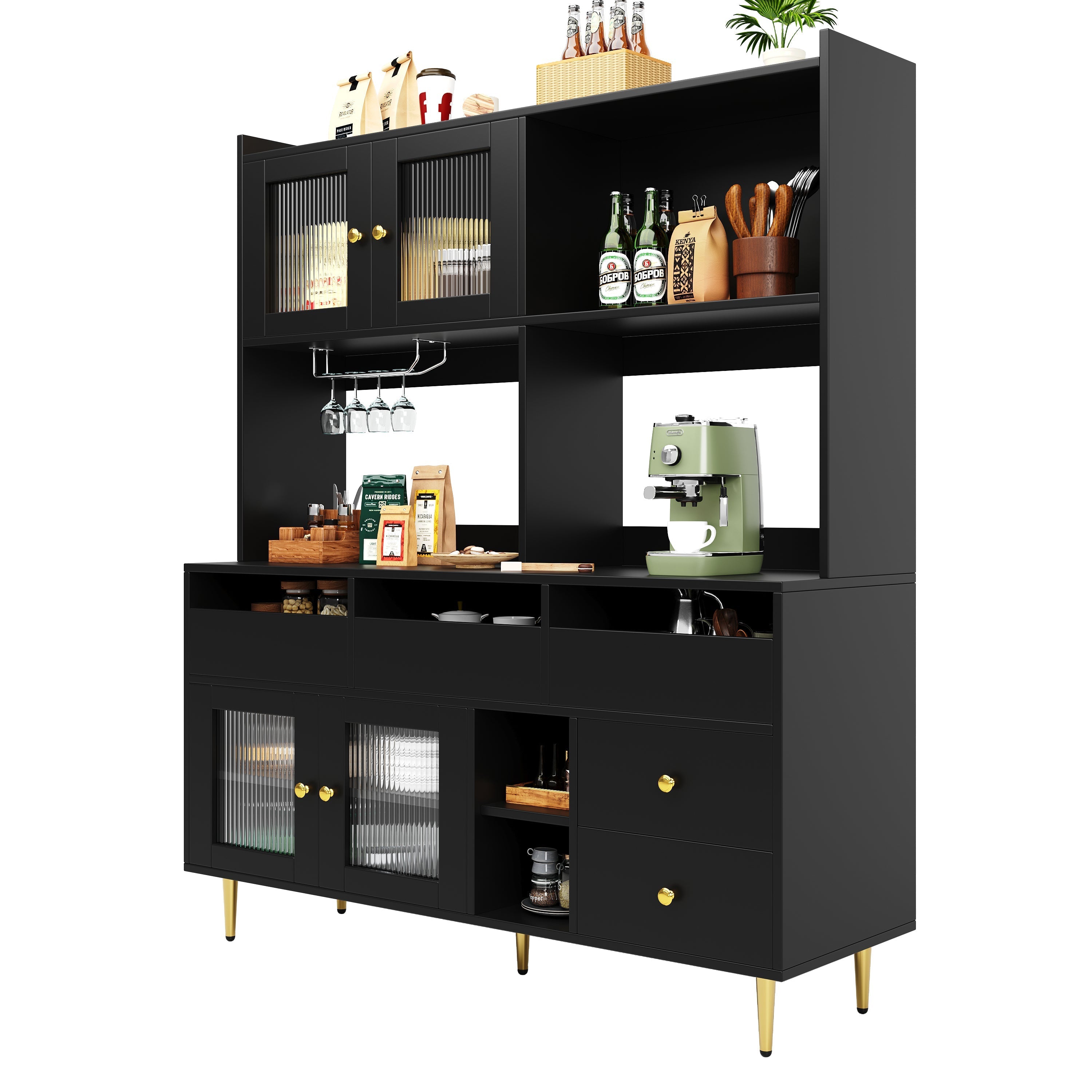 Dining Room Tall Cabinet, Changhong Glass Doors, Wine Glass Rack, Multi-Layer Storage, Black with Gold Decor