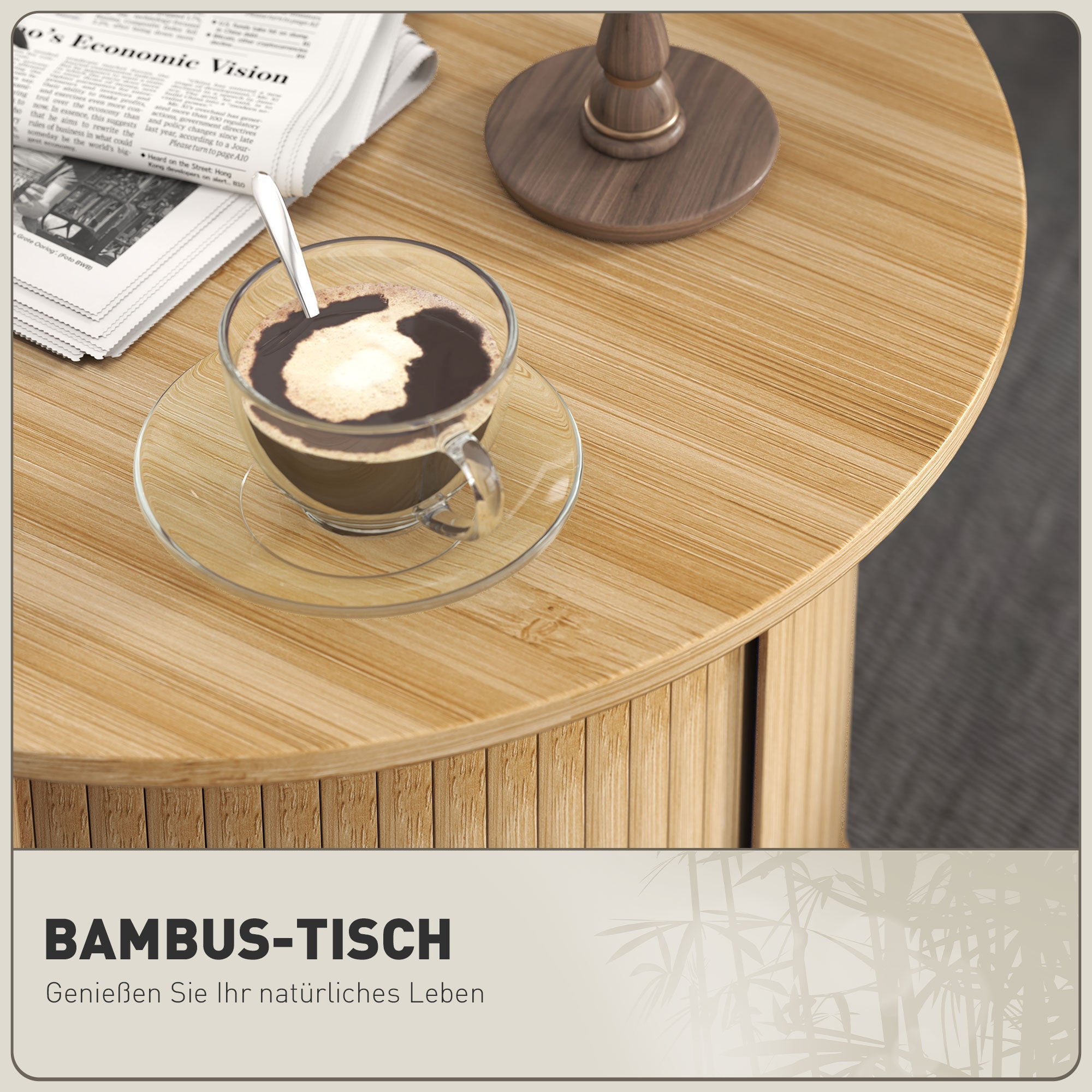 Bambus Couchtisch, runder Beistelltisch mit verstecktem Stauraum, Natur