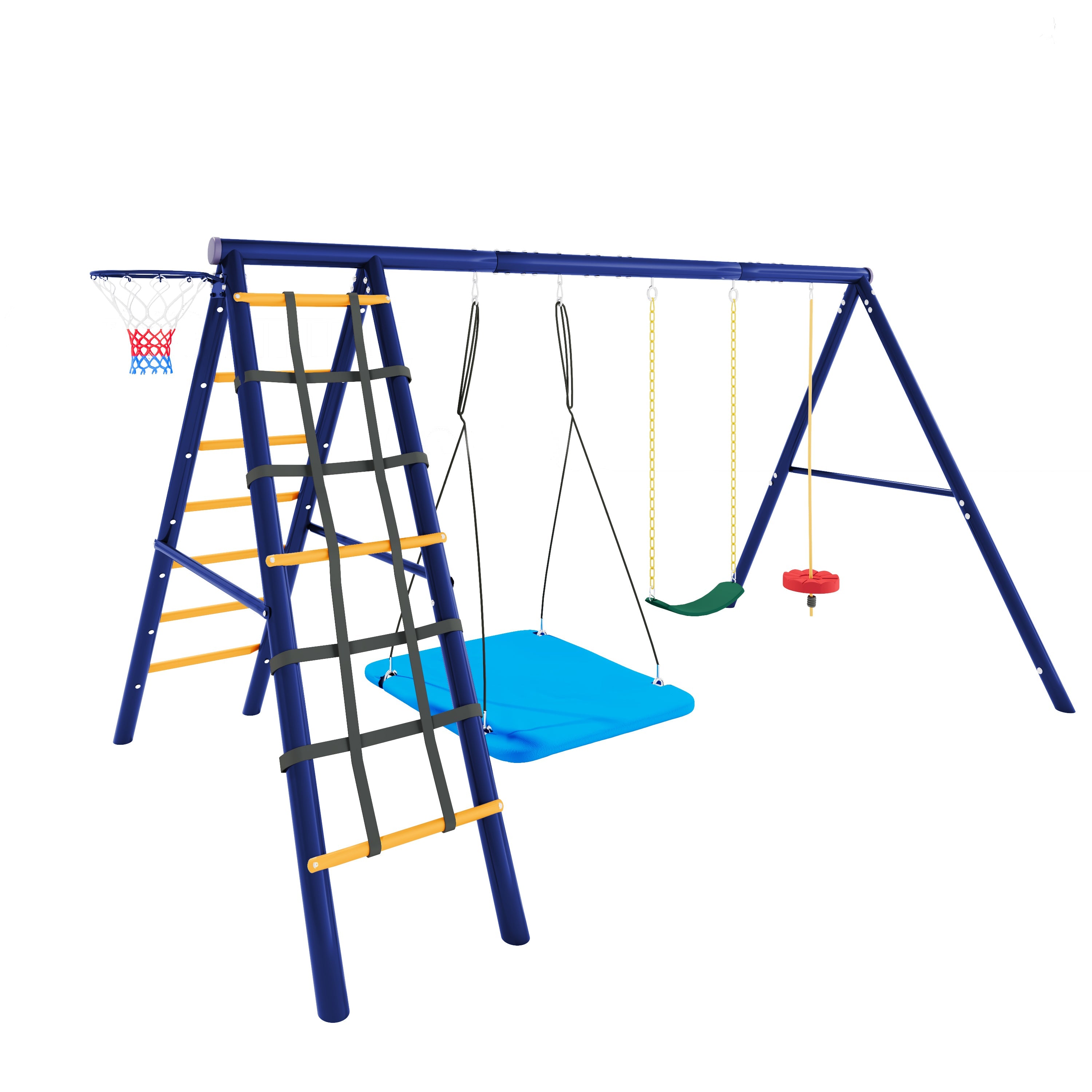 Multifunctional Outdoor Swing Set - 3 Swings, Climbing Frame, Basketball Hoop, Steel