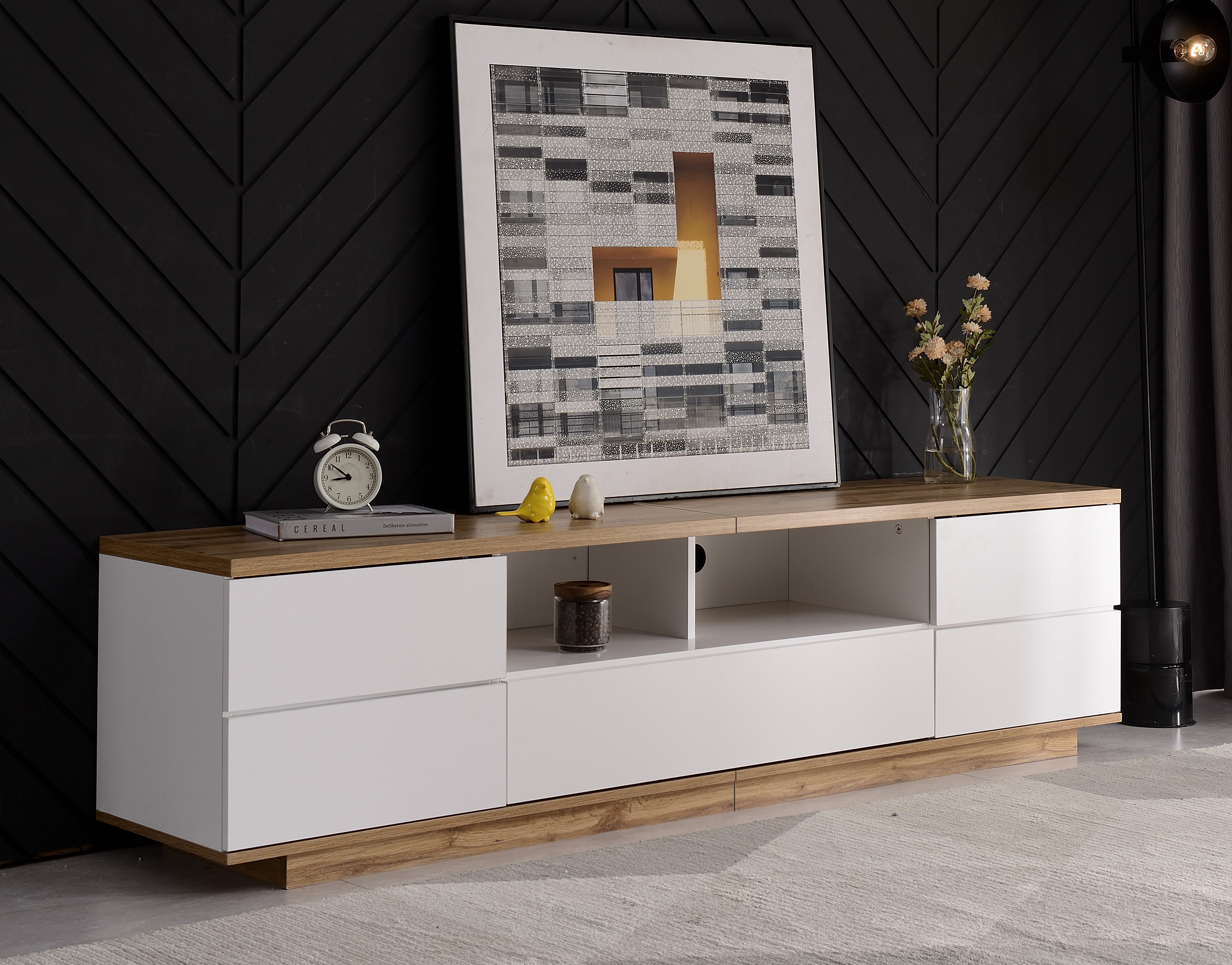 TV Cabinet Modern Color-Block 180cm Wood Grain Finish White