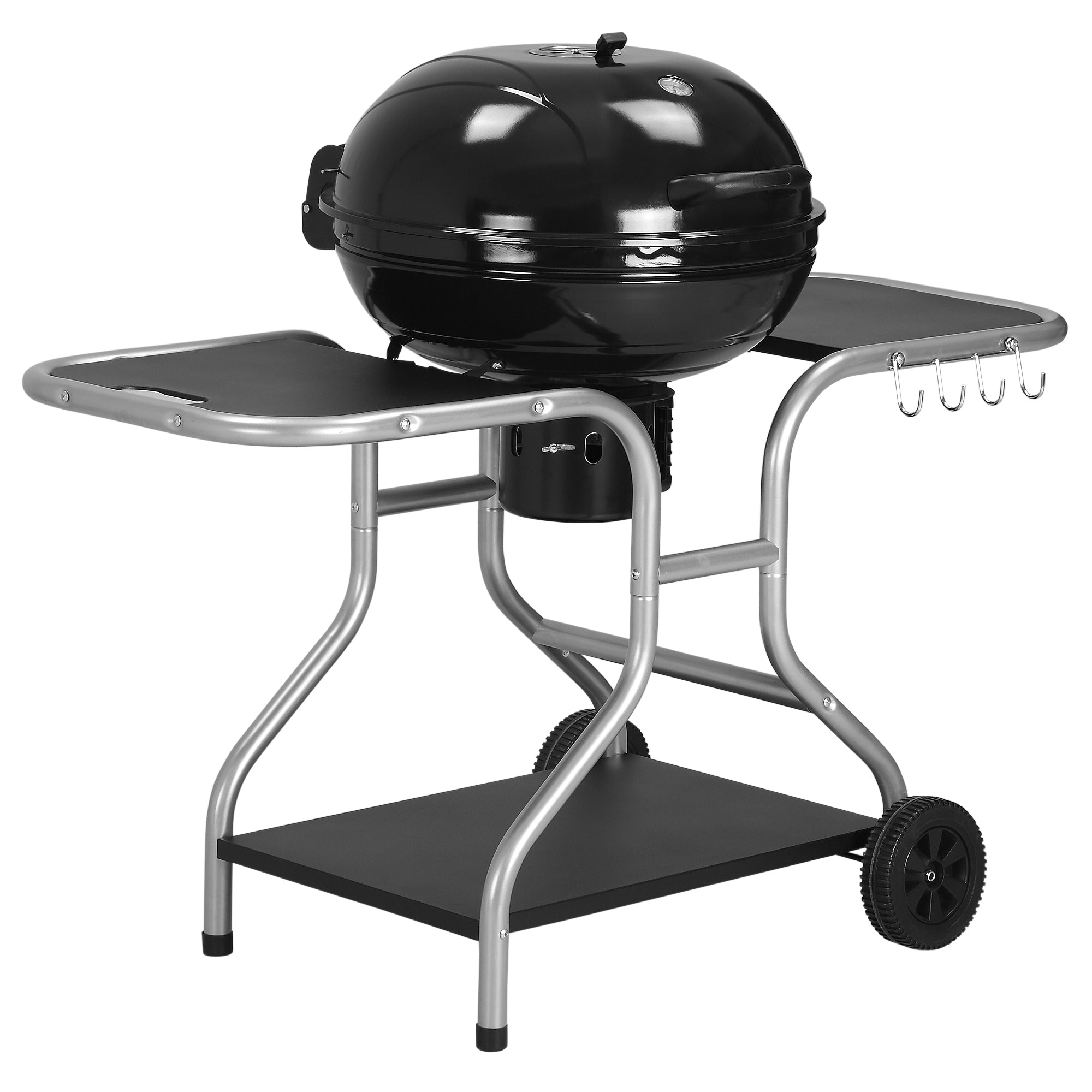 Portable Charcoal Kettle Grill, Trolley BBQ Smoker with Wheels and Storage, Black