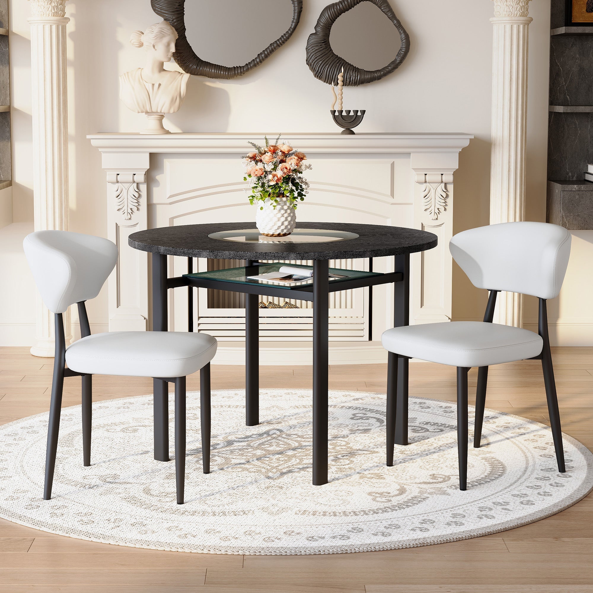 Round Table Set Modern Minimalist 100cm with 2 White PU Armchairs - Black Wood Look