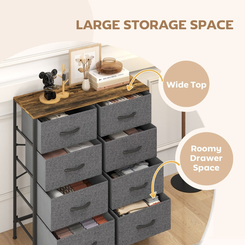 Fabric Chest of Drawers, 8 Drawers Industrial Dresser with Steel Frame Wooden Top, Rustic Brown and Grey