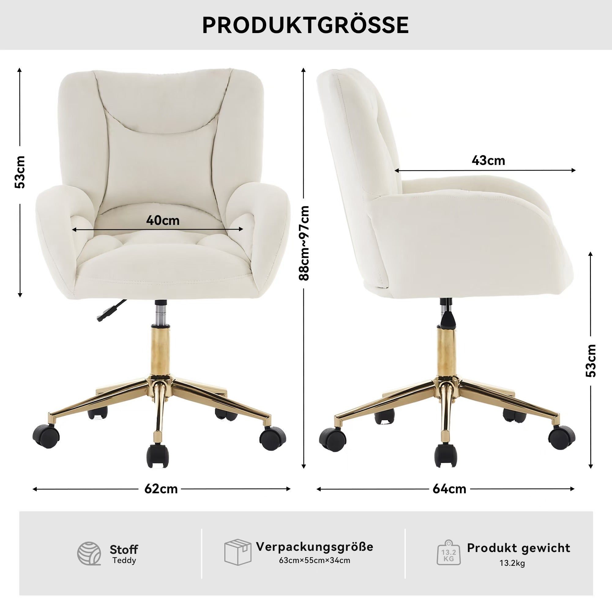 005 Swivel Chair, Full KD, Height Adjustable, Home Office, Velvet Fabric, Ivory