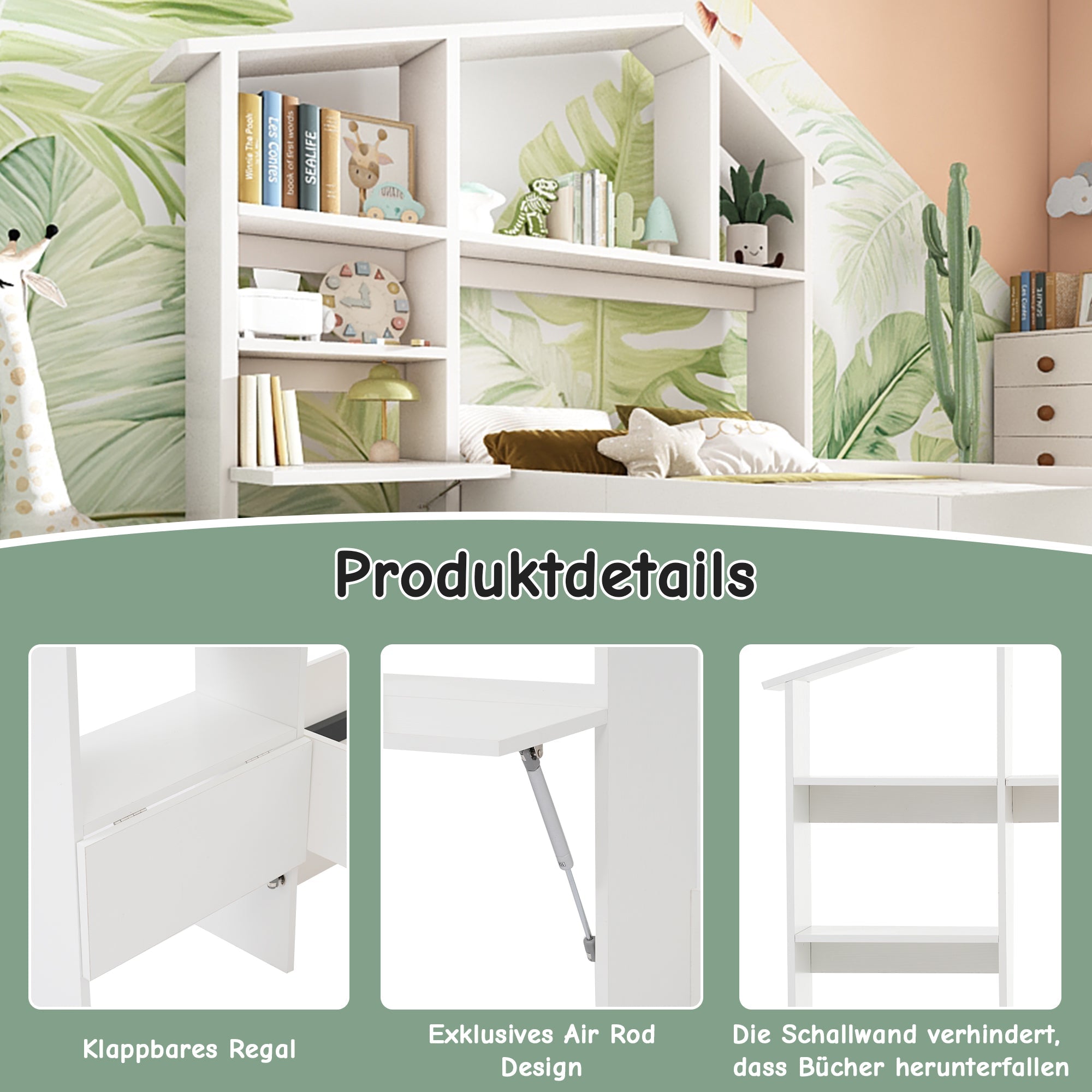 Wooden Shelf with Storage Space, Folding Bedside Table, Anti-Tip, White