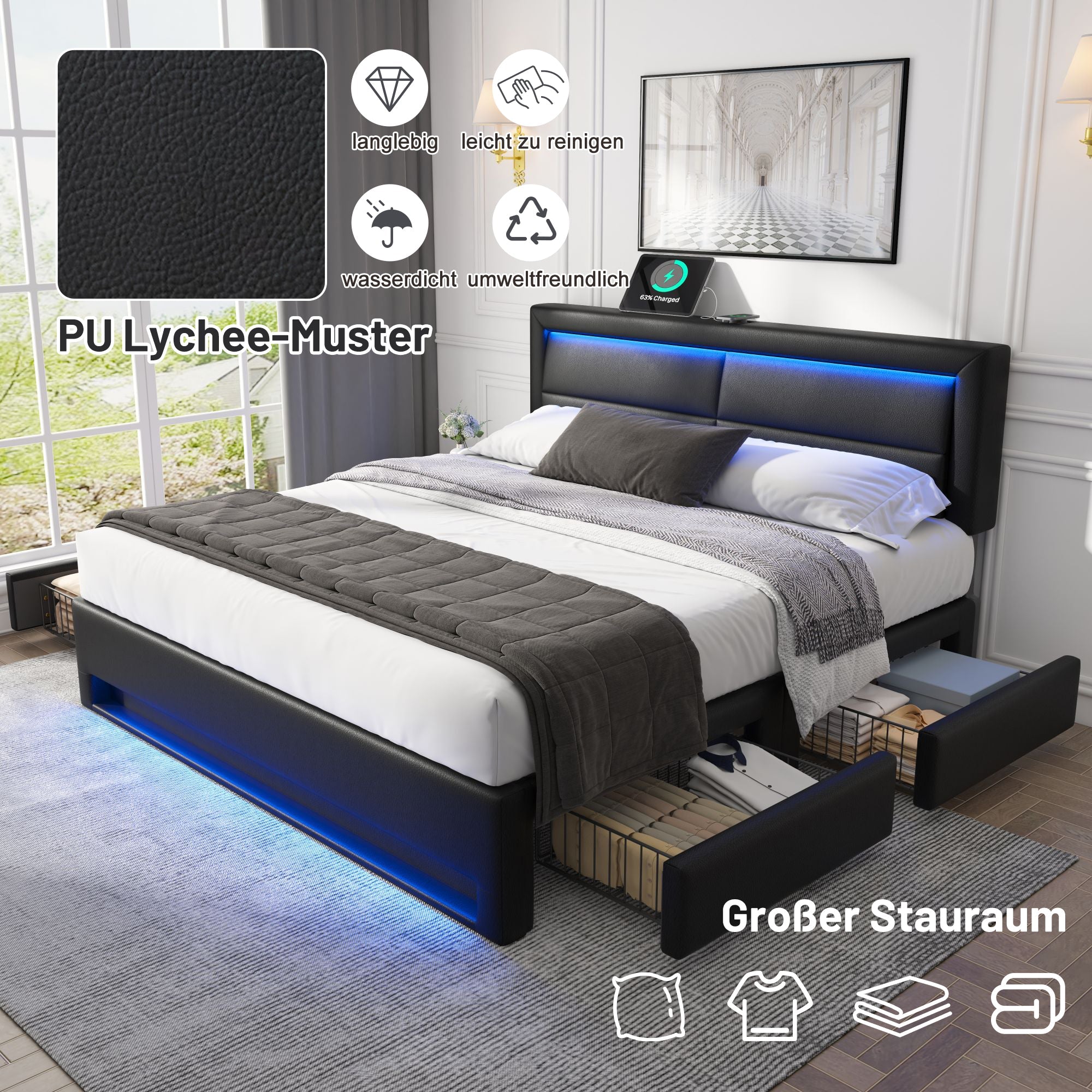 Upholstered Bed 160x200cm with USB Charging, LED Lighting and 4 Drawers, Black PU Lychee Pattern