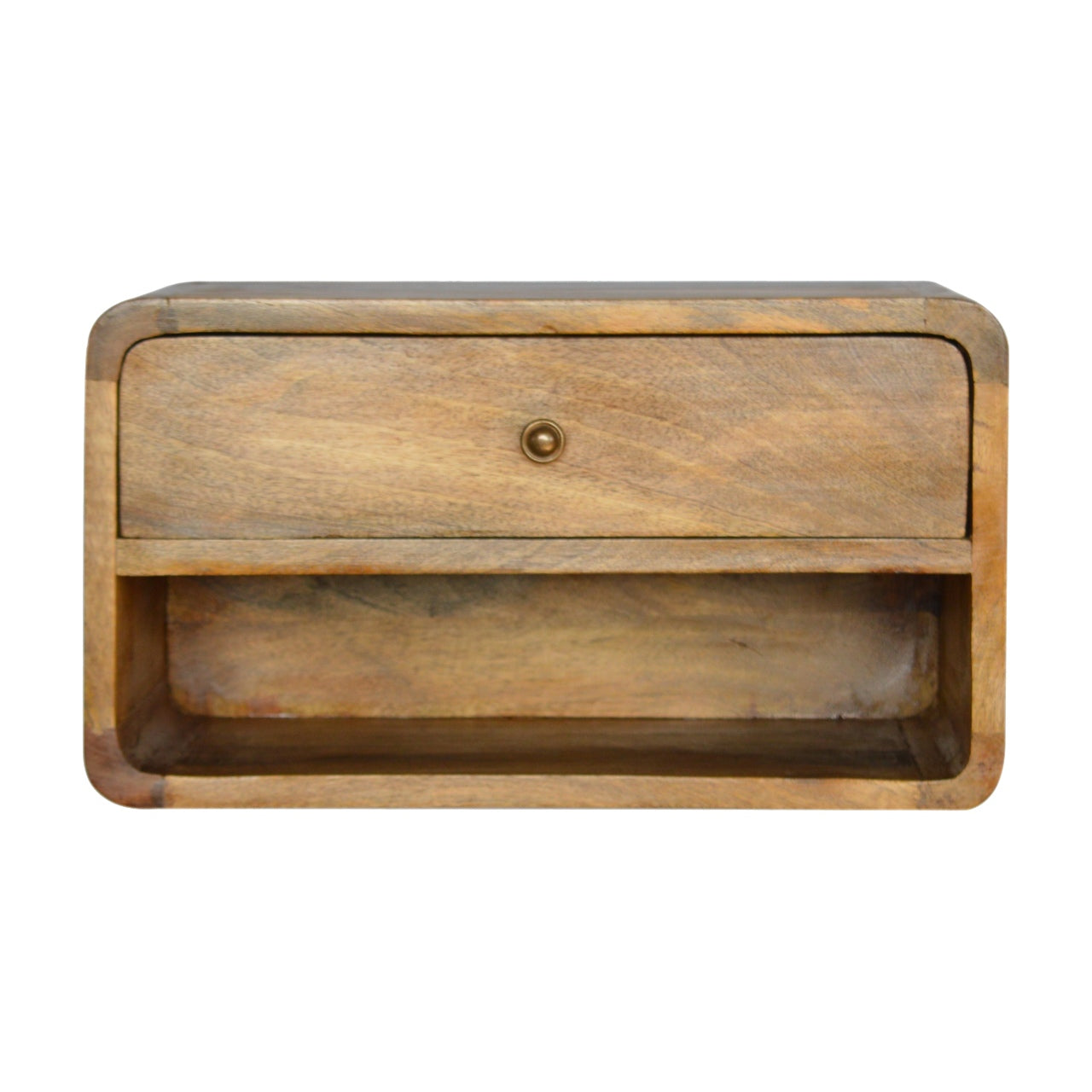 Solid Wood Bedside, Floating Curve Open Slot with 1 Drawer and Open Shelf, Brown