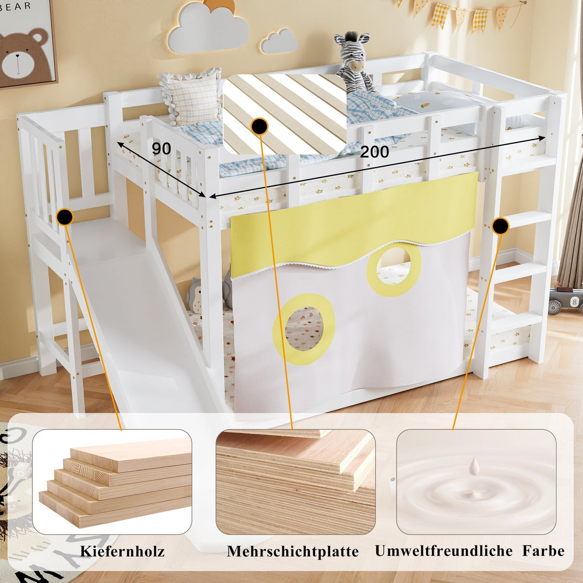 Bunk Bed 90x200cm with Stairs Slide and Curtain - White MDF/Pine