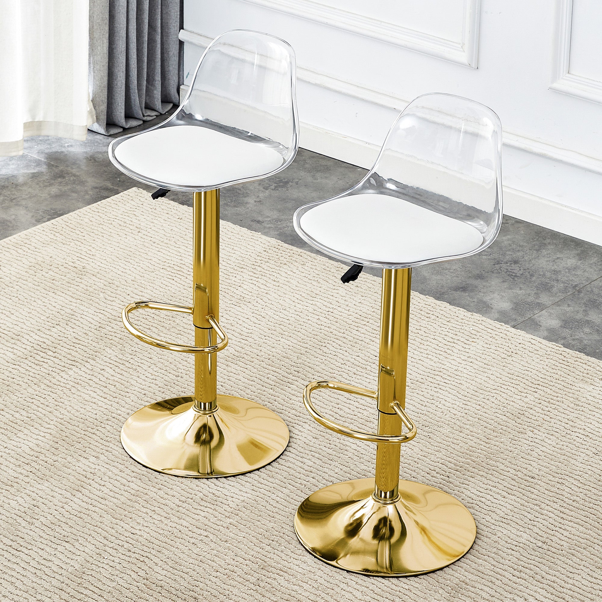 2er-Set Barhocker Höhenverstellbar 360° Drehbar Transparente Rückenlehne - Gold Metall
