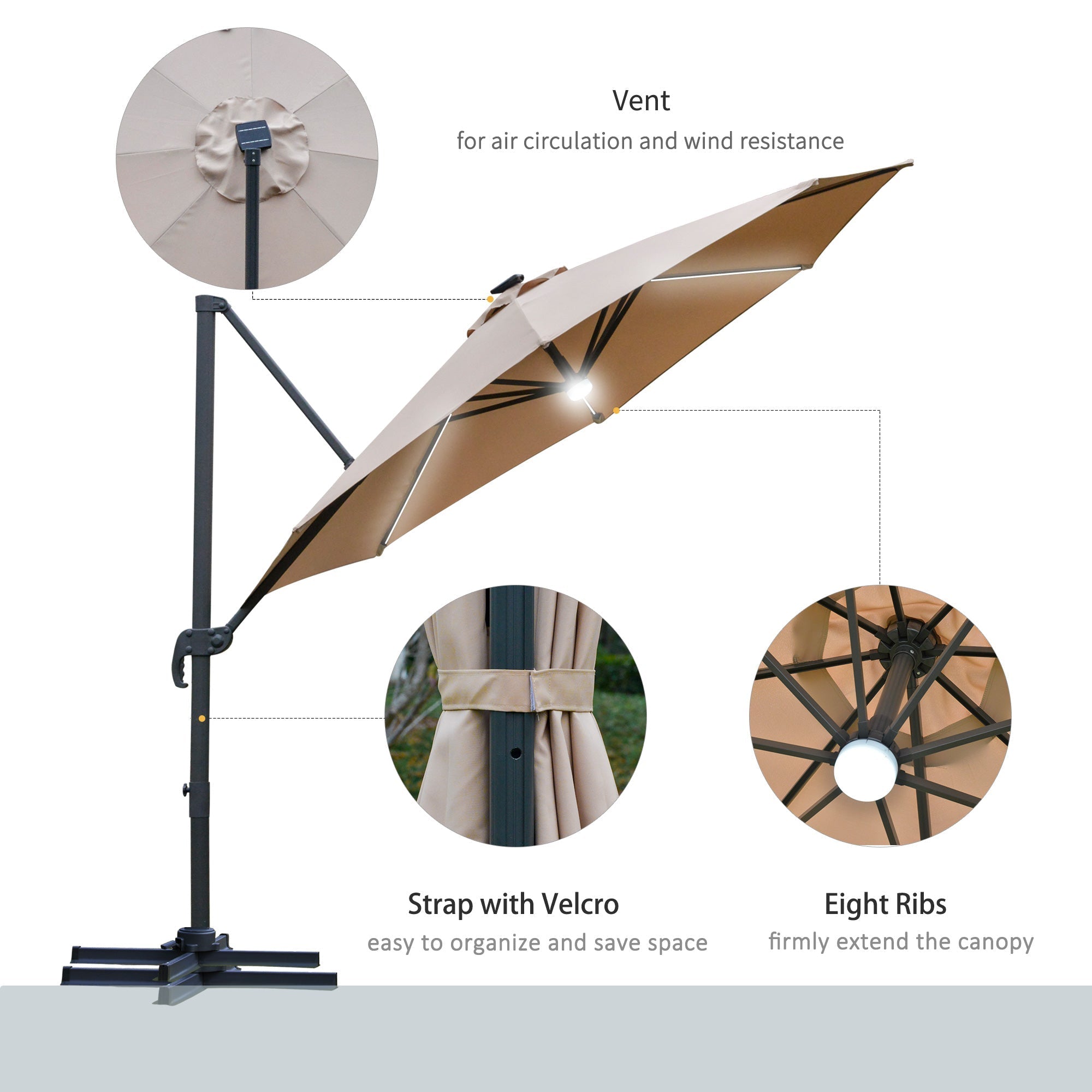 3m Ampelschirm mit LED-Solarleuchten und Standfuß, Braun