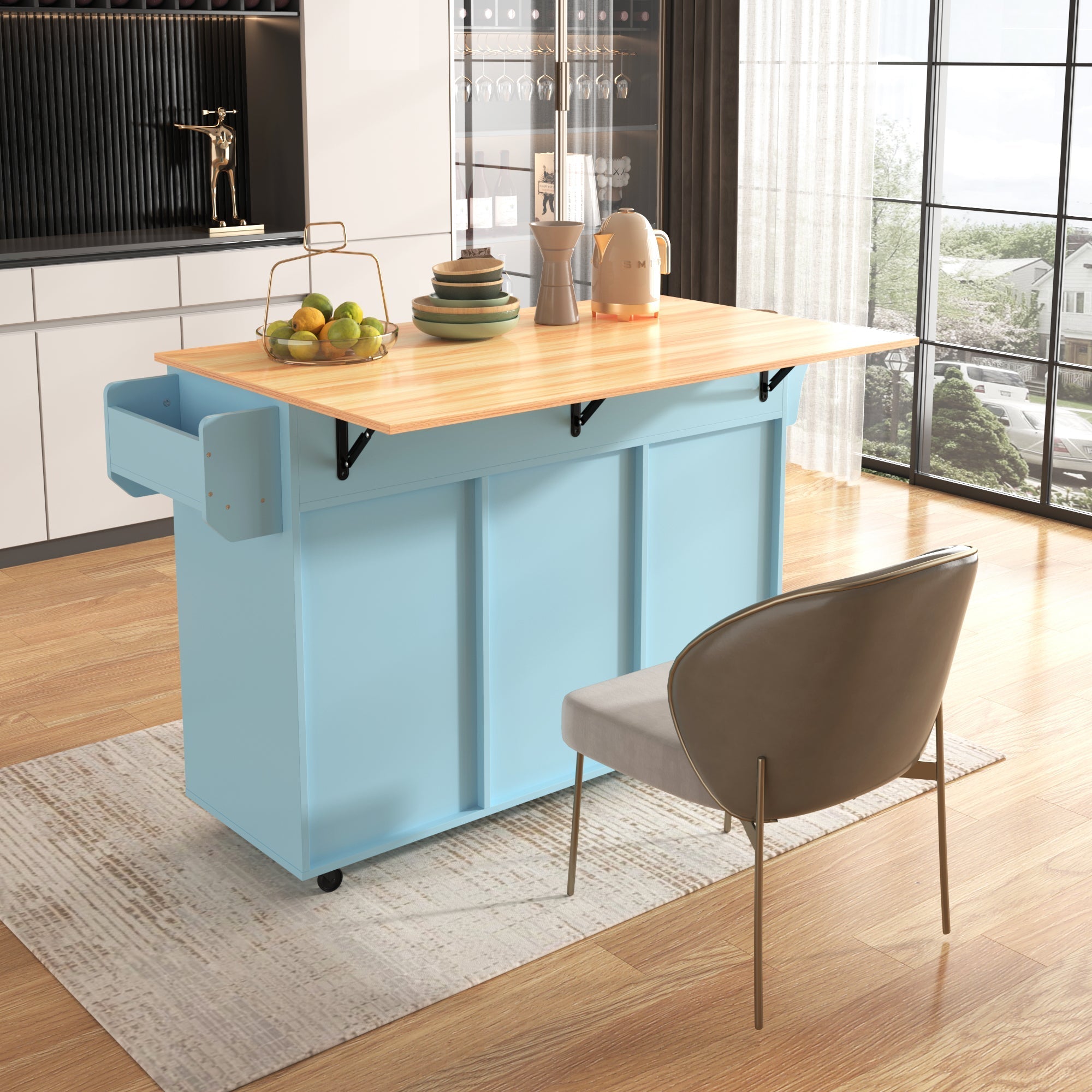Dining Trolley Sideboard Extendable Fold-Down Worktop Storage Casters Blue/Solid Wood Grain