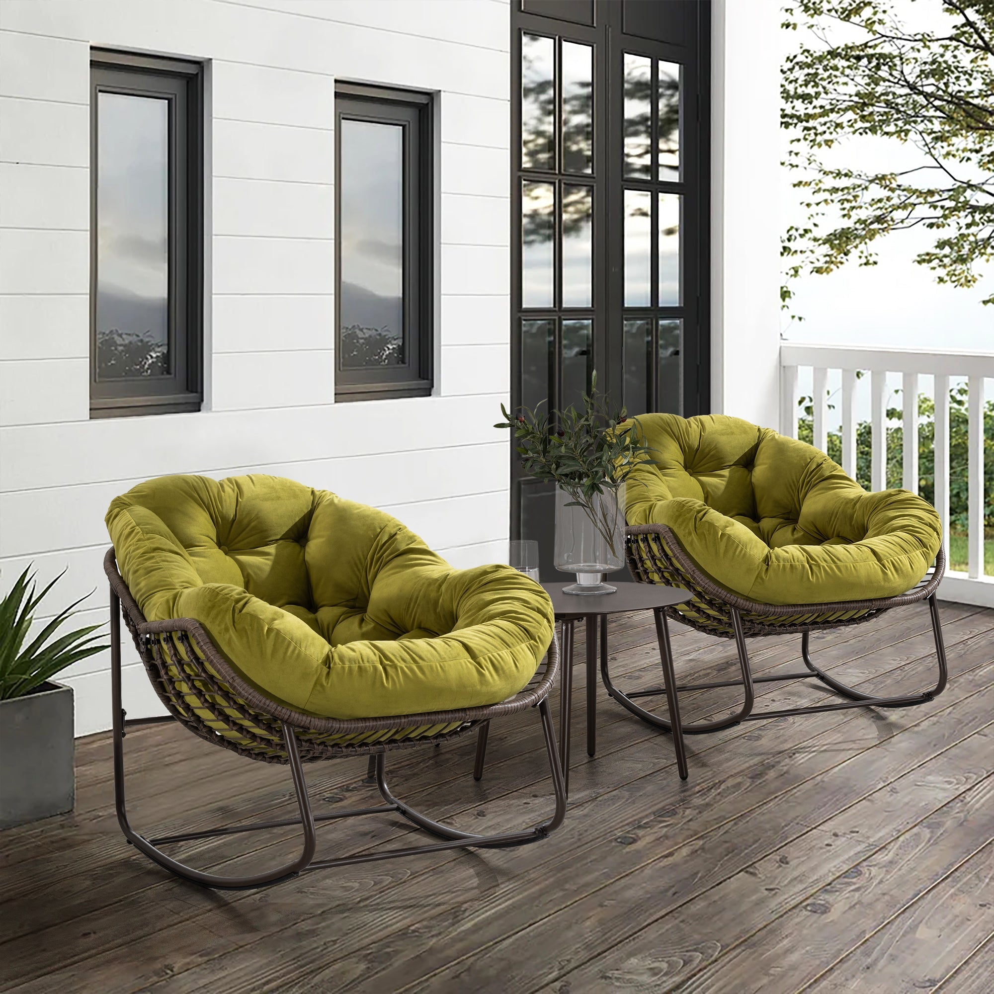 Outdoor Rattan Rocking Chair Padded Cushion Rocker Recliner Olive Green