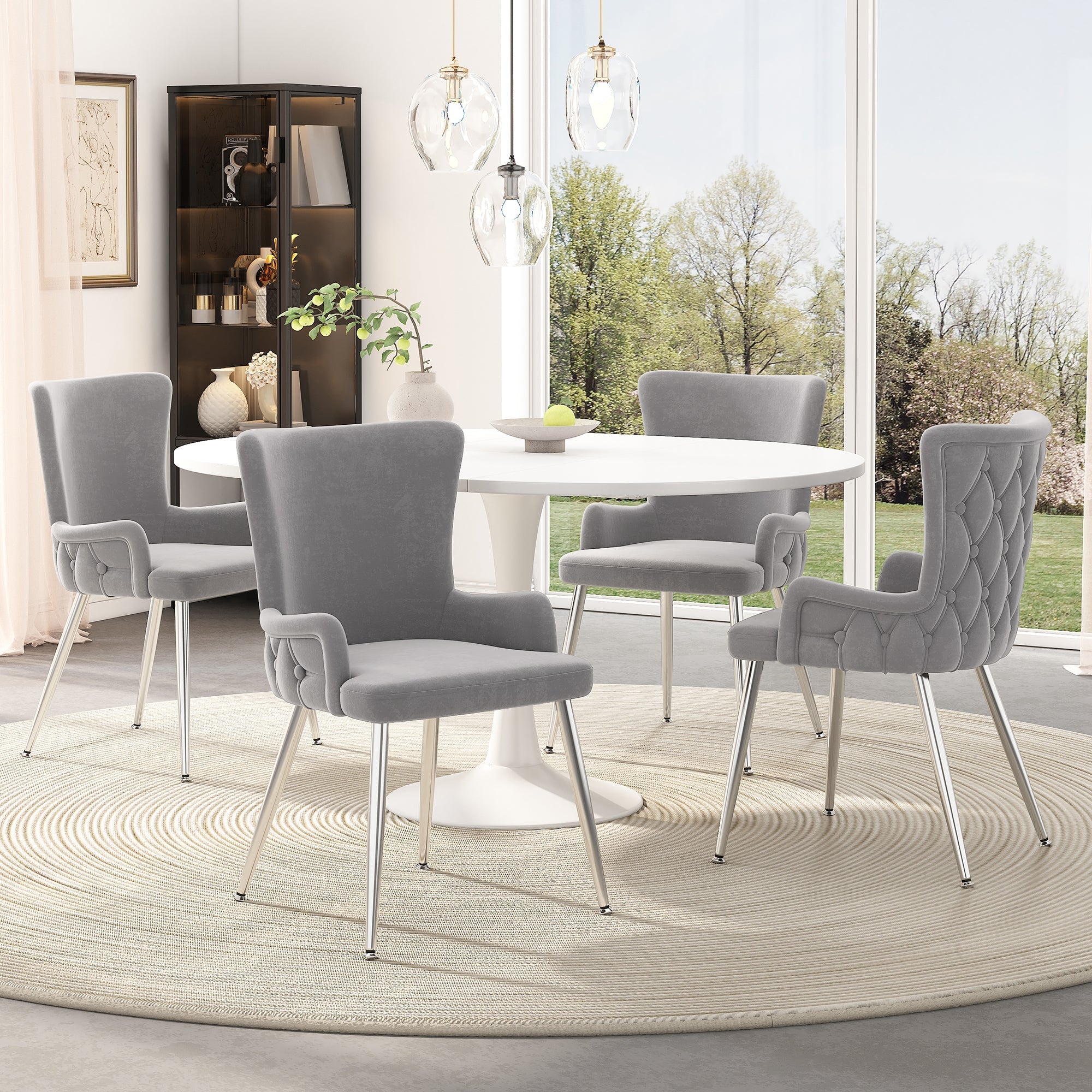 Velvet Dining Chair Set of 2, Luxurious Lounge Chair with Silver Metal Legs, Grey Velvet