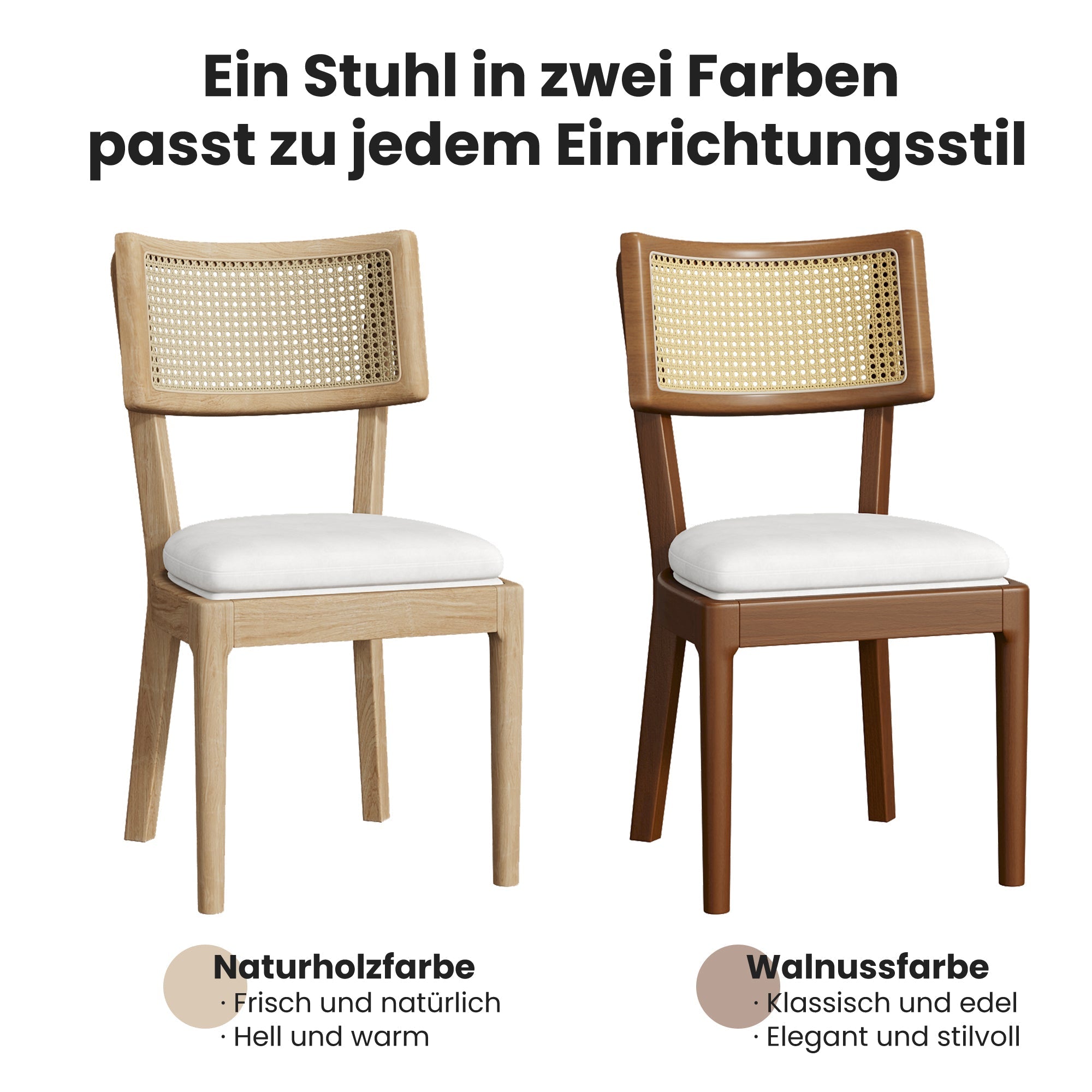 Solid Wood Dining Chairs with Rattan Backrests and Linen Seats, Set of 2, Wood Color