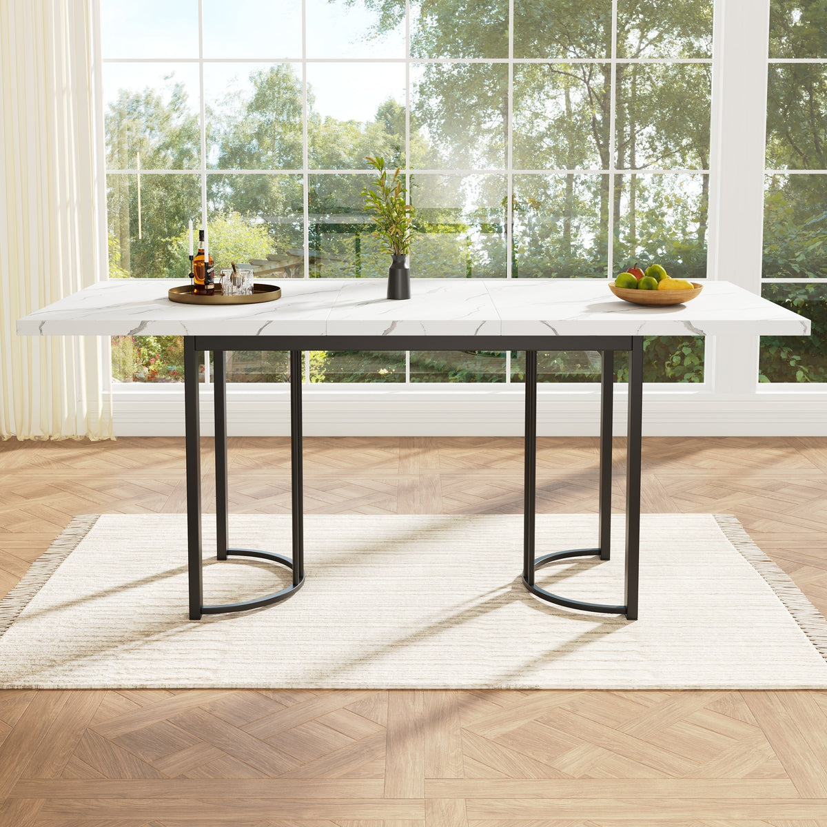 Extendable Dining Table 140-179.5cm Rectangular Metal Frame - White/Black