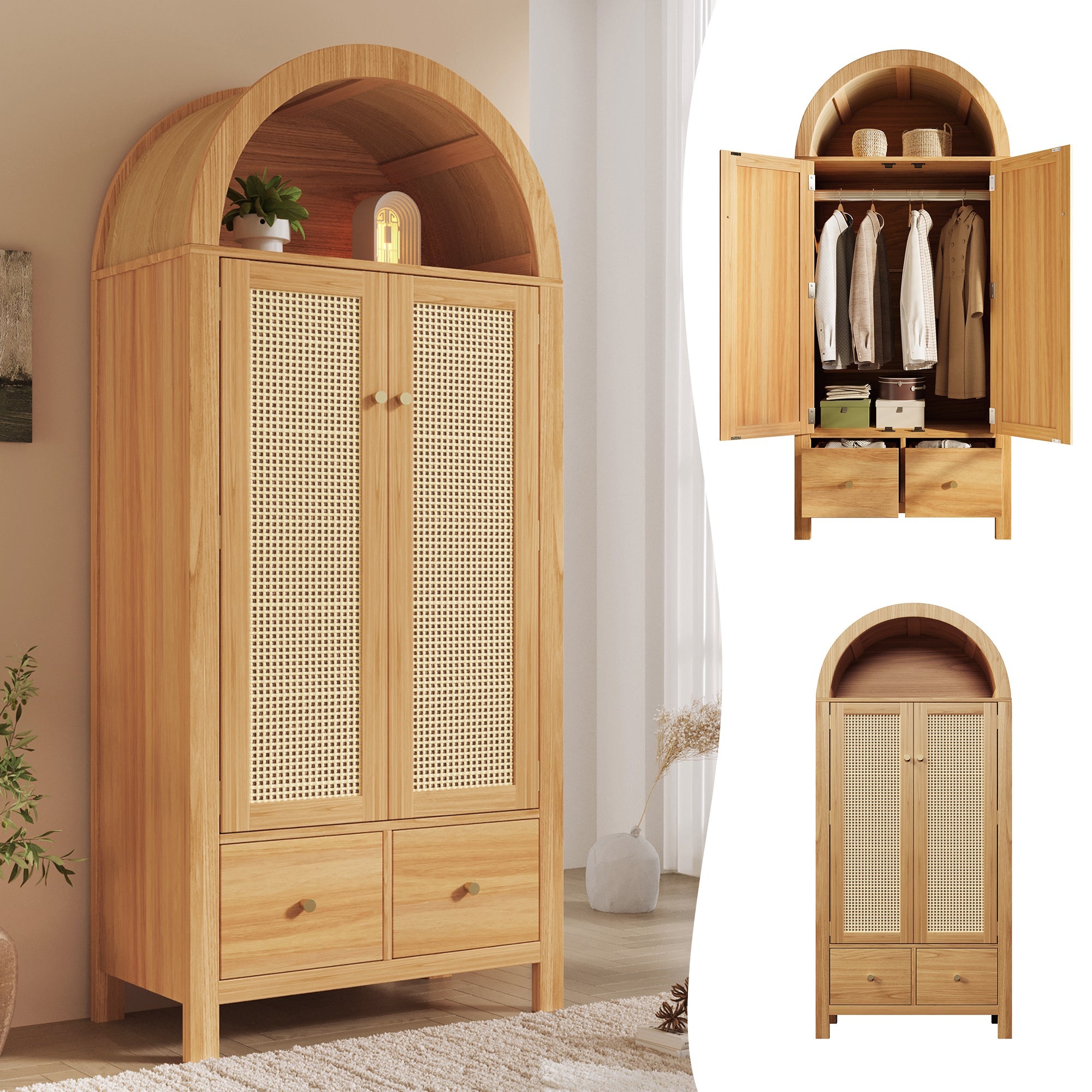 Wardrobe with Rattan Weave and 2 Doors, 181x78x45 cm, Oak Look