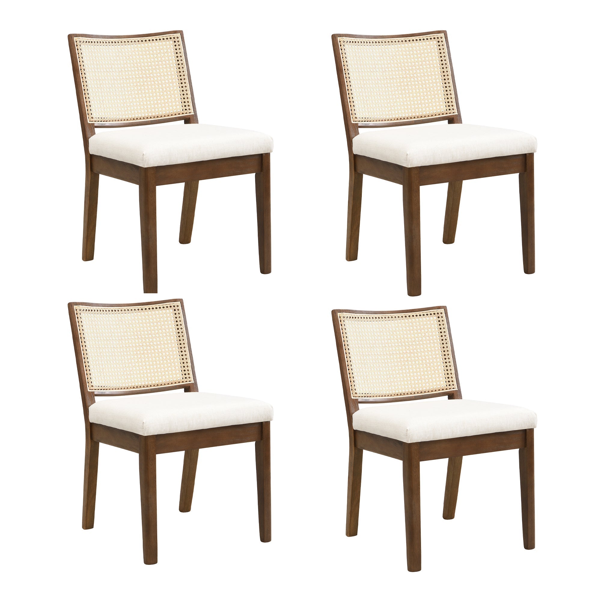 Solid Wood Dining Chairs Set of 4 with Rattan Backrest, Linen and Walnut